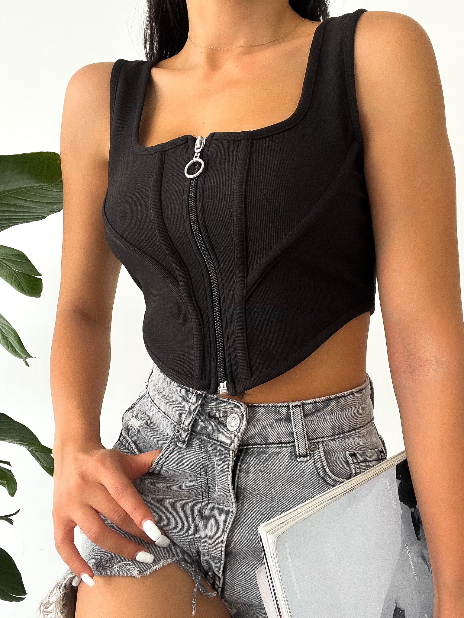 Kare Yaka Fermuarlı Biyeli Ottoman Kumaş Crop Bluz