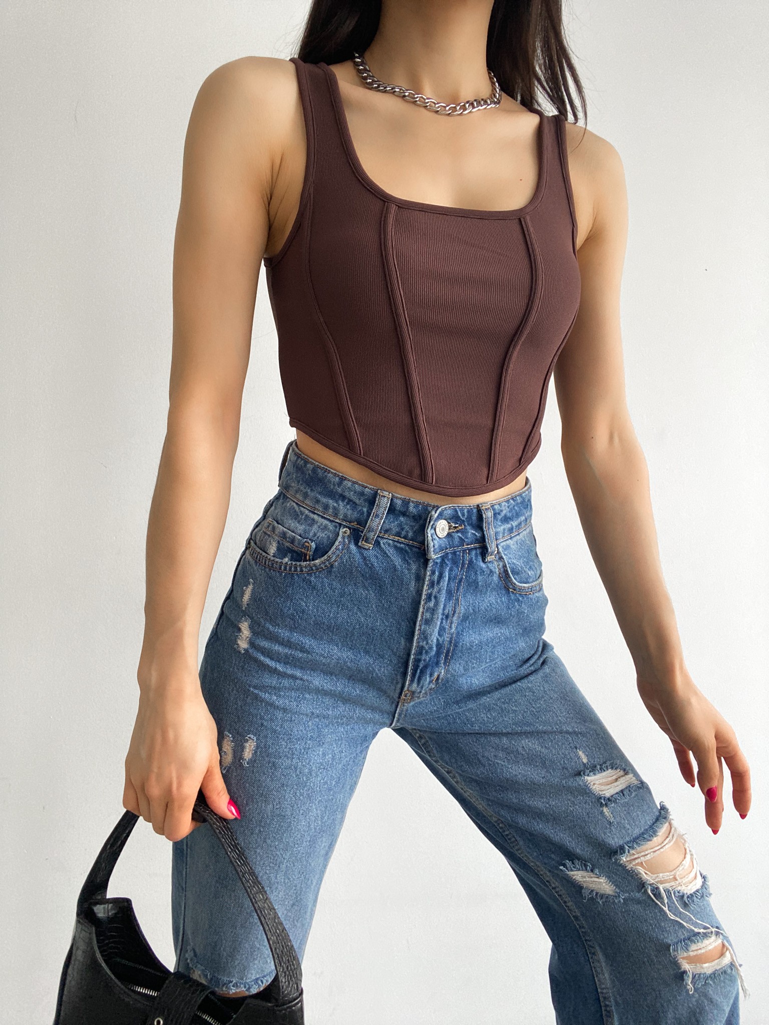 Kare Yaka Korse Görünümlü Crop Bluz