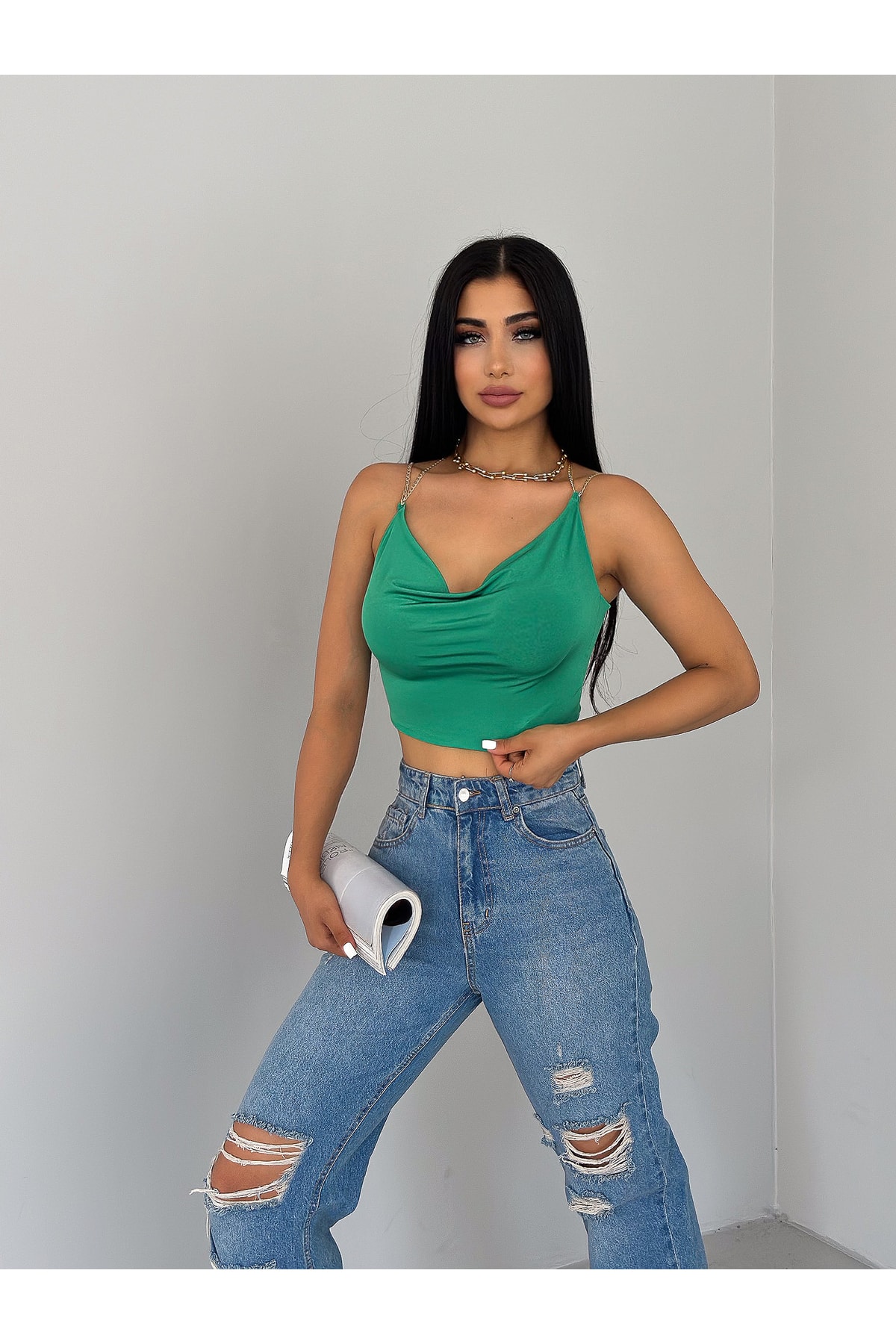 Kadın Zincir Askılı Buzzy Crop Bluz