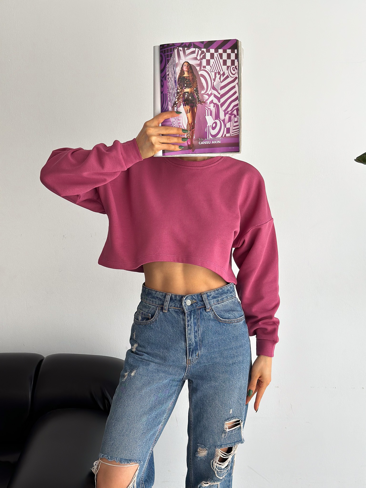 Bisiklet Yaka Basic Oversize Üç İplik Crop Sweatshirt