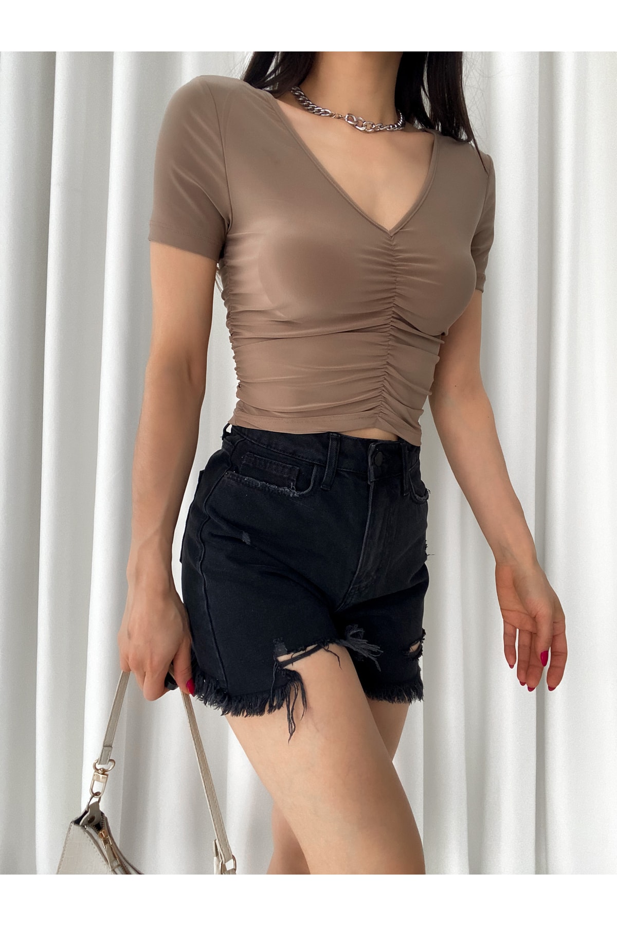 Kadın Zümrüt Yeşili Kısa Kollu V Yaka Sandy Kadın Crop Bluz