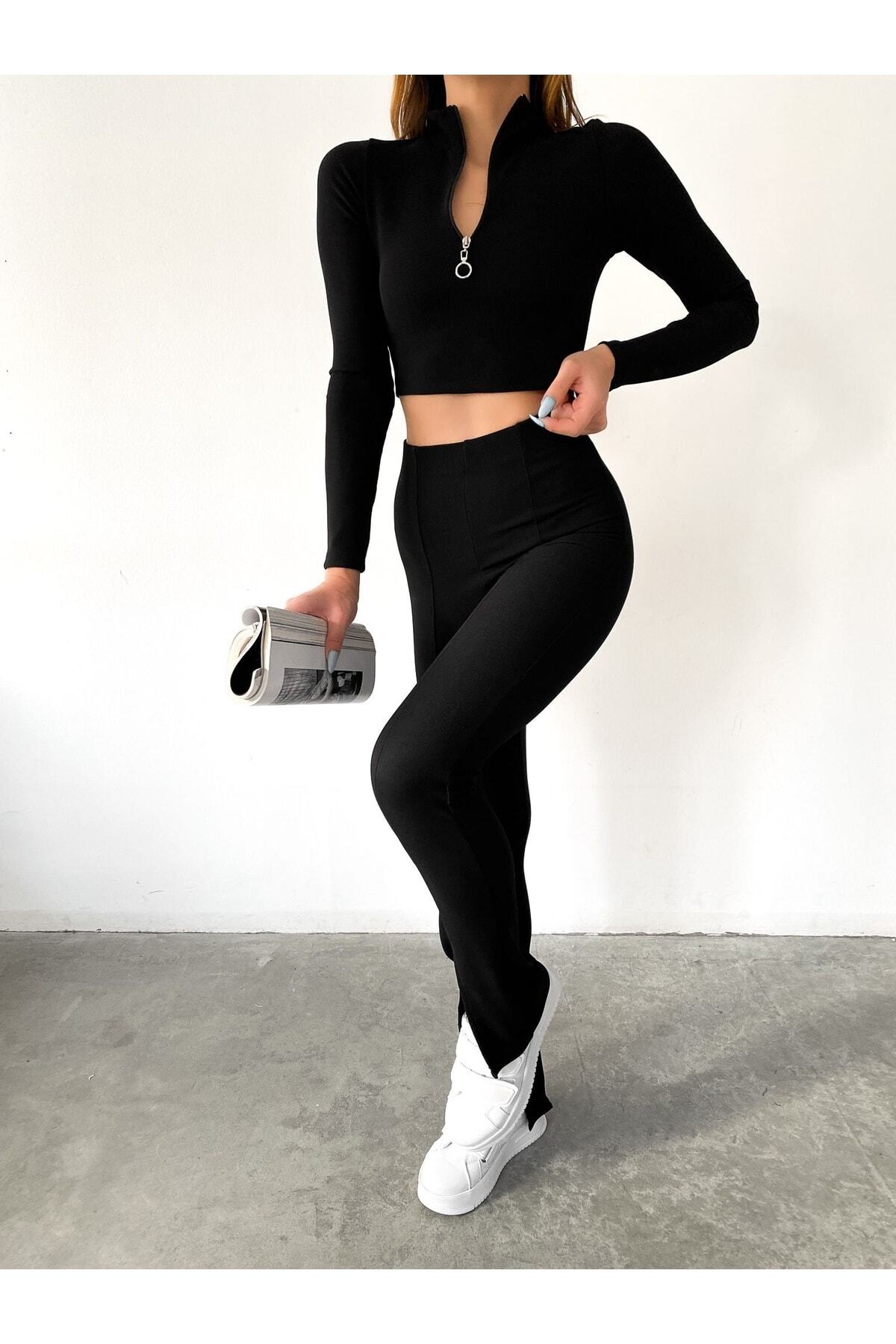 Kadın Siyah Yarım Balıkçı Yaka Önü Fermuarlı Slim Fit Crop Body