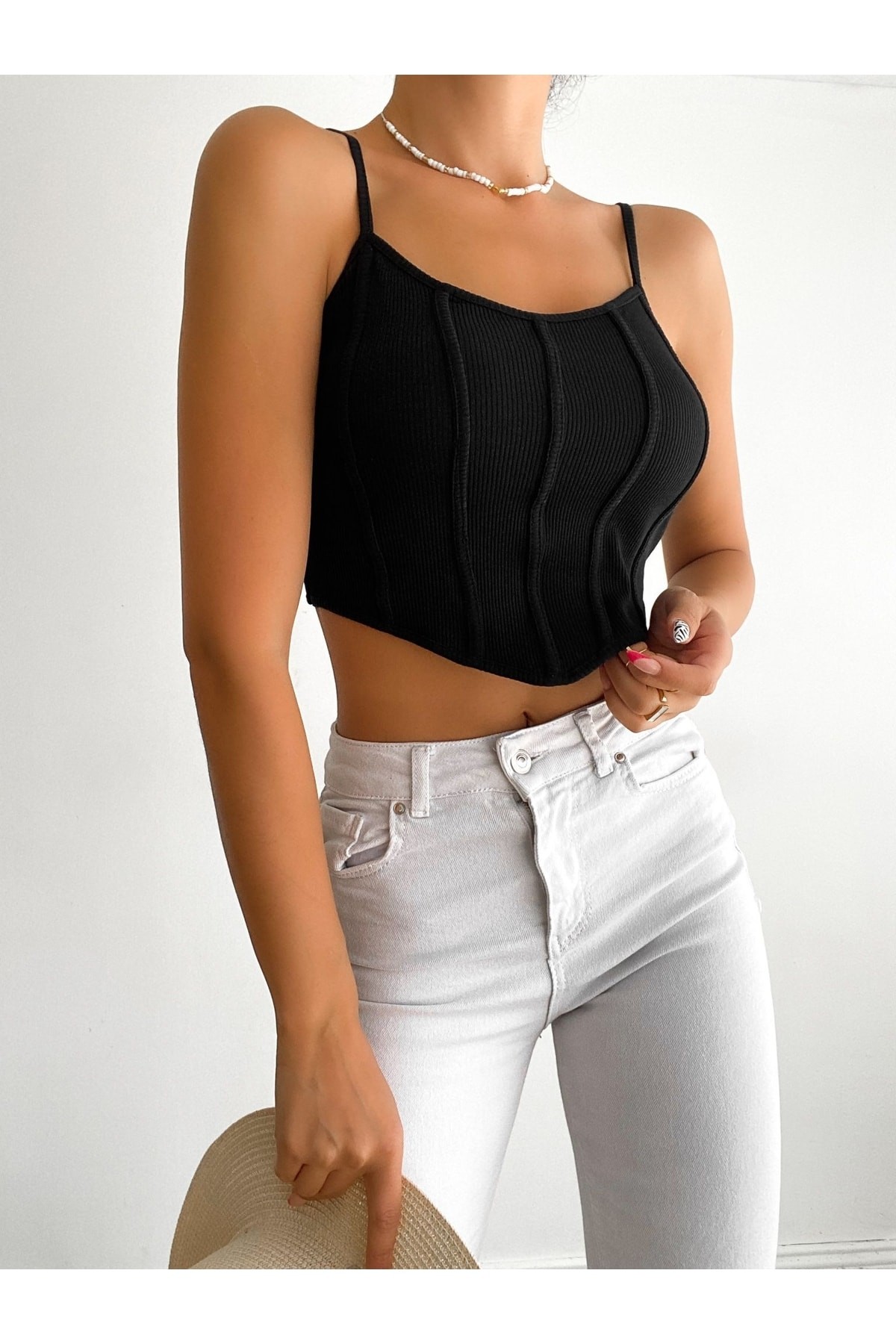 Askılı Şeritli Asimetrik Fitilli Crop Top