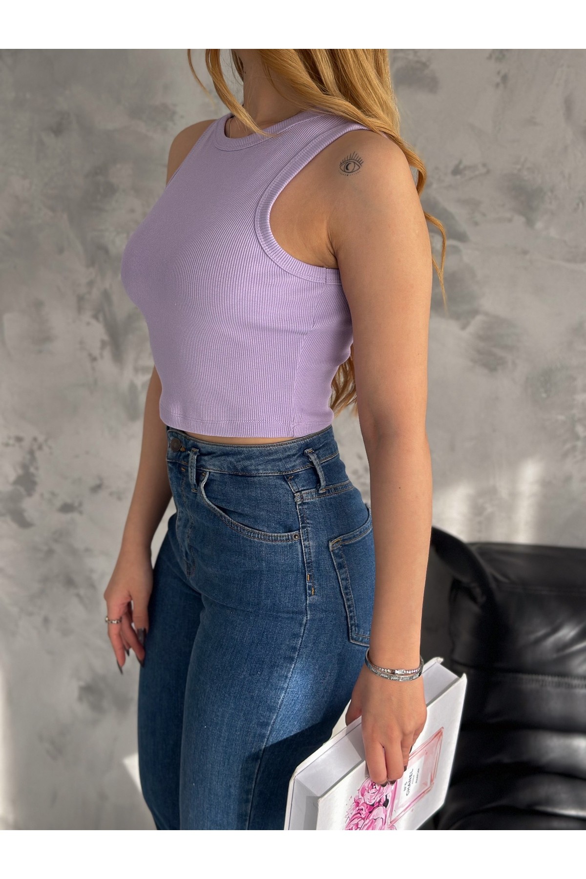 Kadın Sıfır Kol Halter Yaka Kaşkorse Crop Bluz