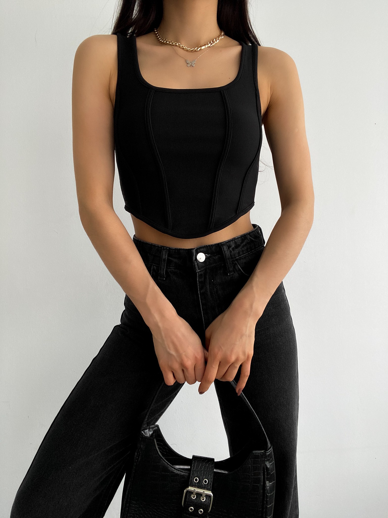 Kare Yaka Korse Görünümlü Crop Bluz