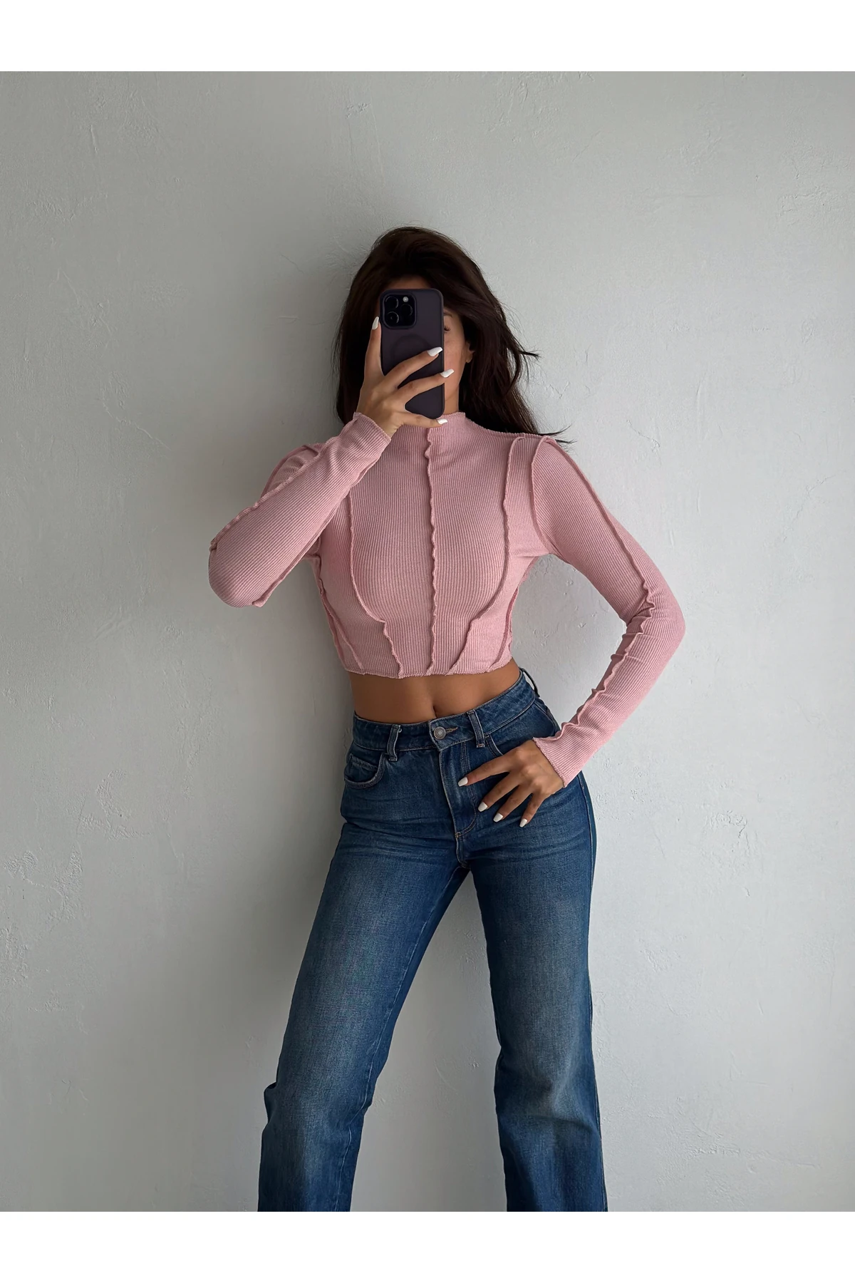 Kadın Ters Dikiş Detaylı Kadın Crop