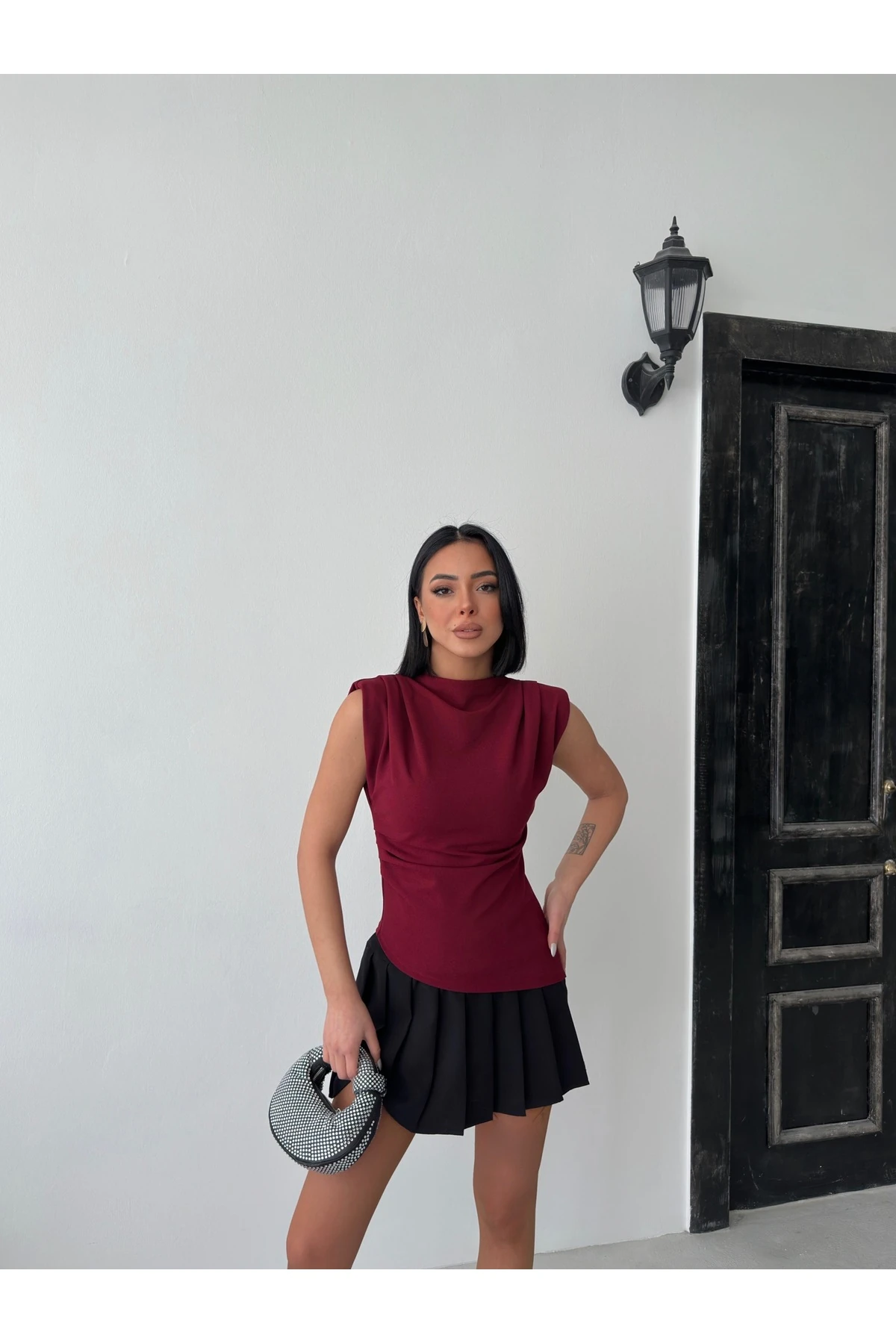 Kadın Vatkalı Dik Yaka Asimetrik Crep Bluz