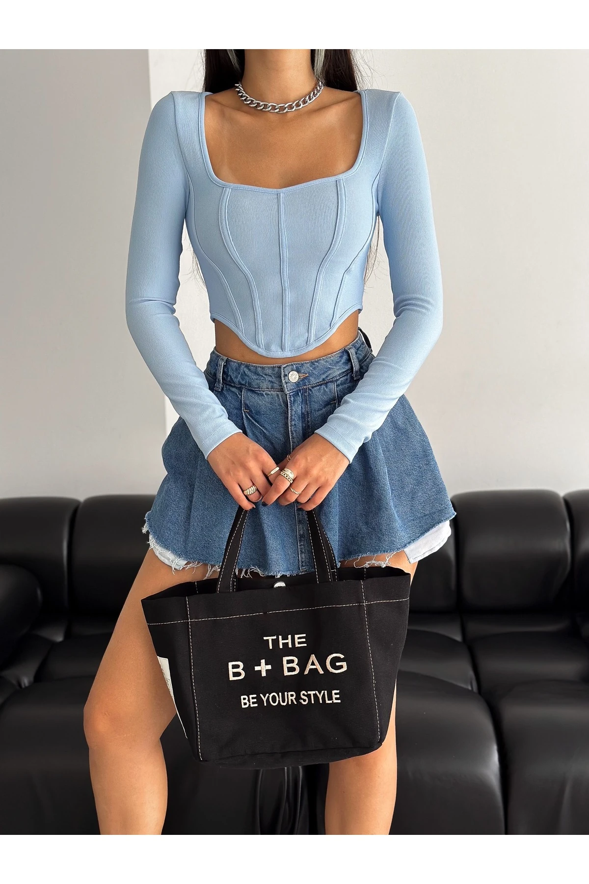 Kadın Kare Yaka Uzun Kol Korse Görünümlü Biyeli Fitilli Crop Bluz