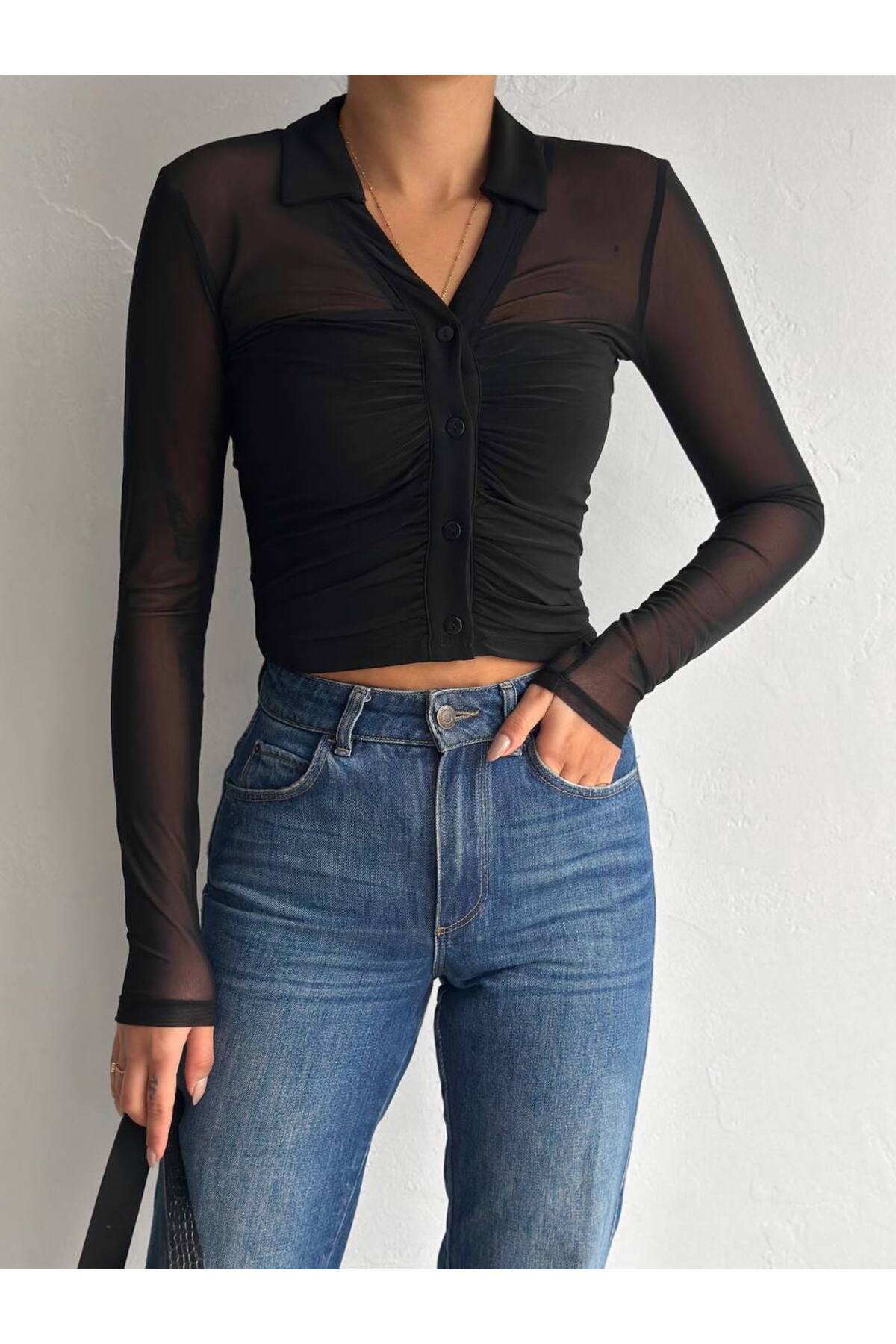 Kadın Polo Yaka Tül Kol Bluz