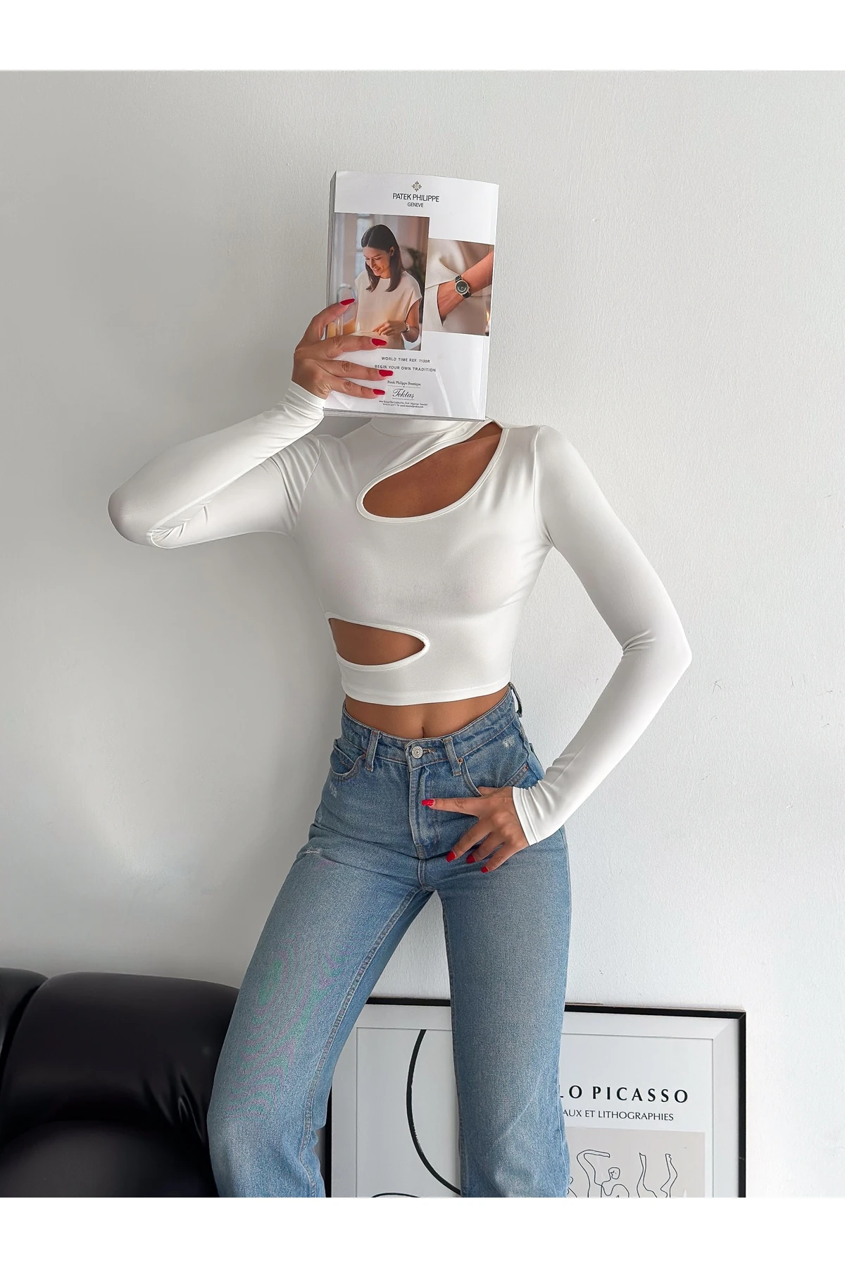 Kadın Yarım Balıkçı Yaka Omuz ve Ön Dekolteli Dalgıç Kumaş Crop Bluz