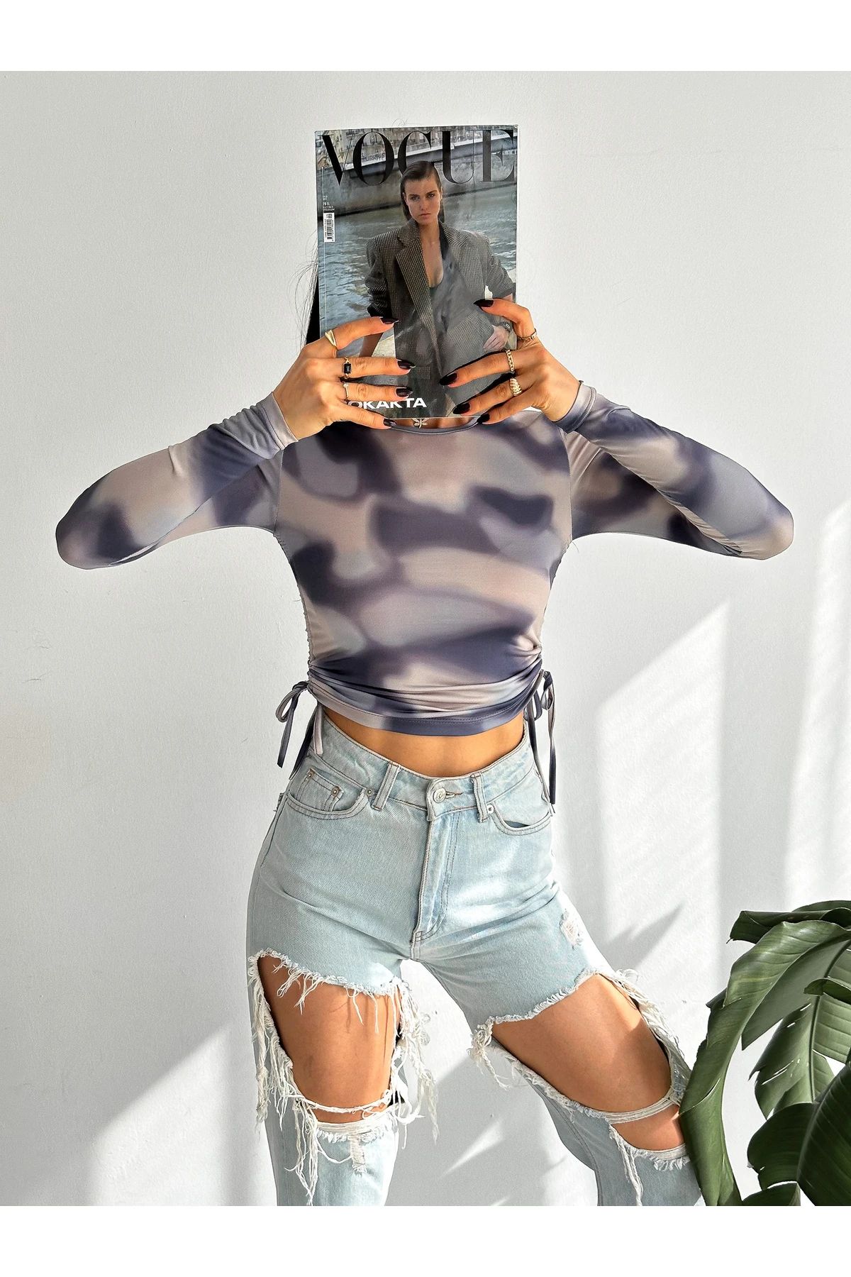 Kadın Yanı Büzgülü Biyeli Dijital Baskılı Bisiklet Yaka Bluz