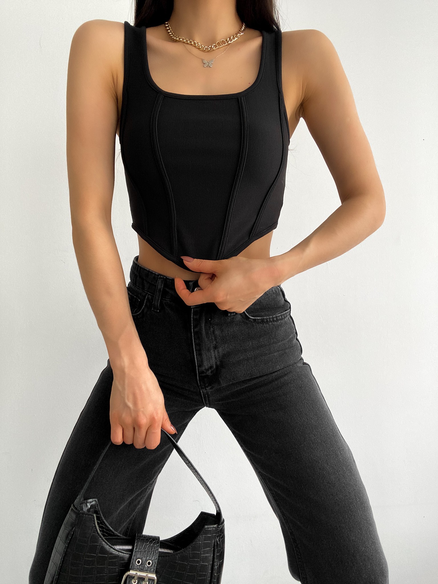 Kare Yaka Korse Görünümlü Crop Bluz