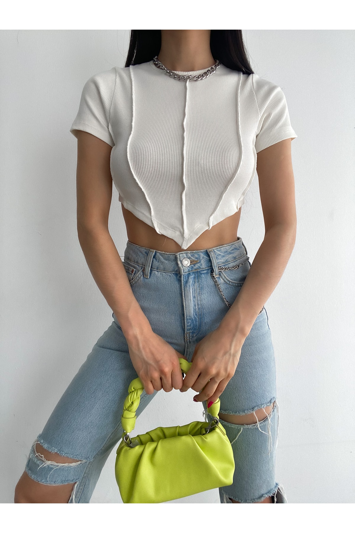Ekru Kısa Kollu Ters Dikişli Kadın Fitilli Crop Bluz