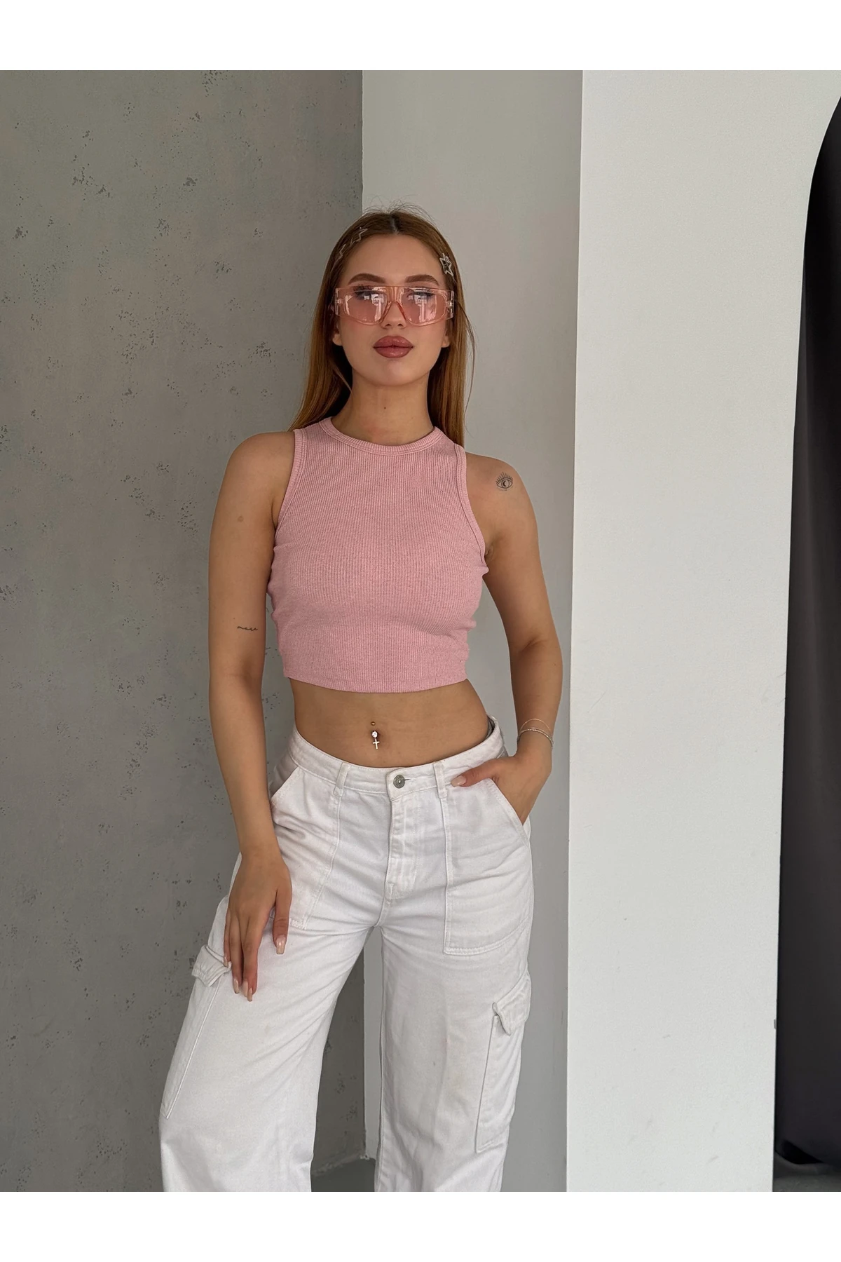 Kadın Sıfır Kol Halter Yaka Kaşkorse Crop Bluz