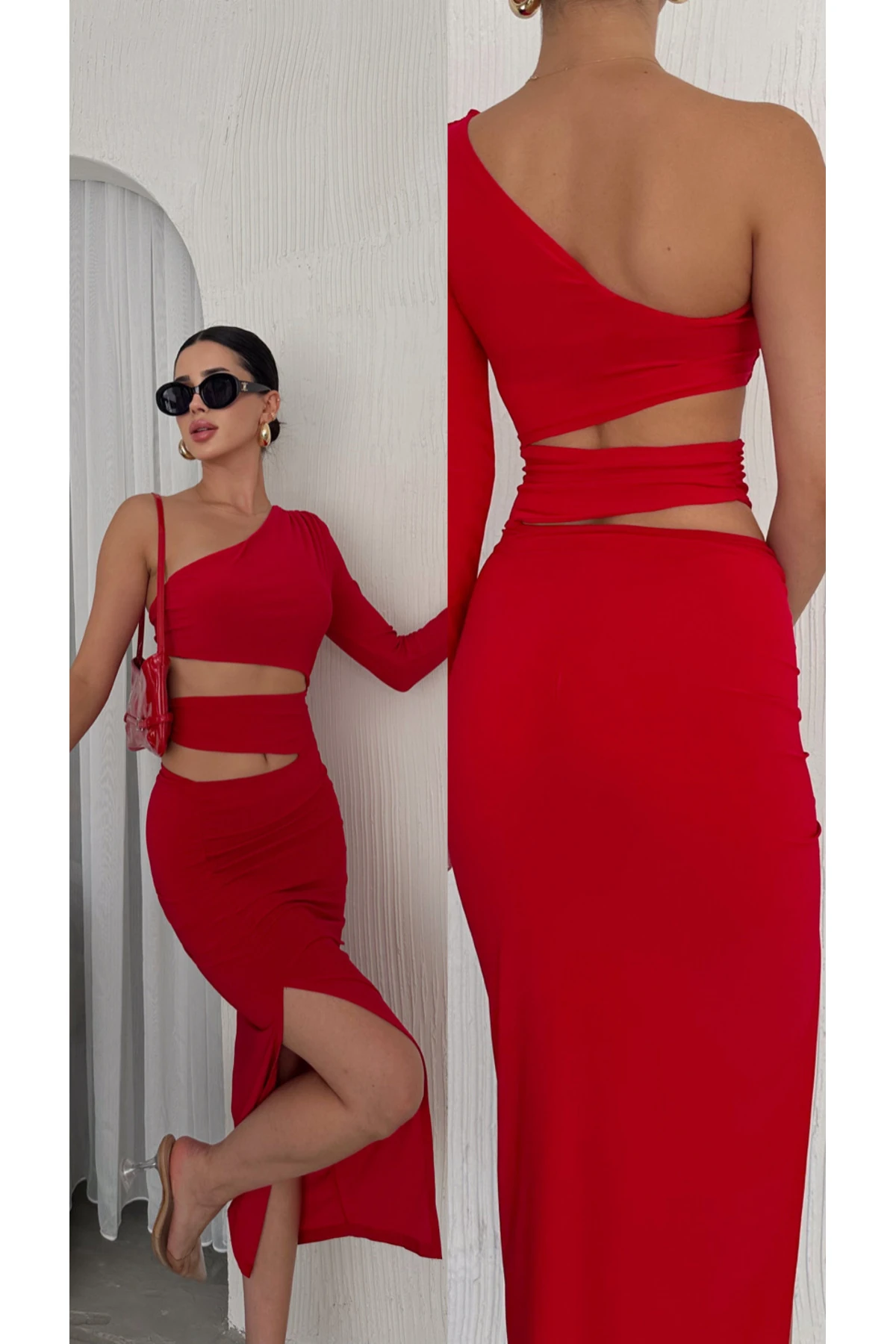 Kadın Tek Kol Parçalı Göbek Dekoteli Yırtmaçlı Uzun Kol Elbise