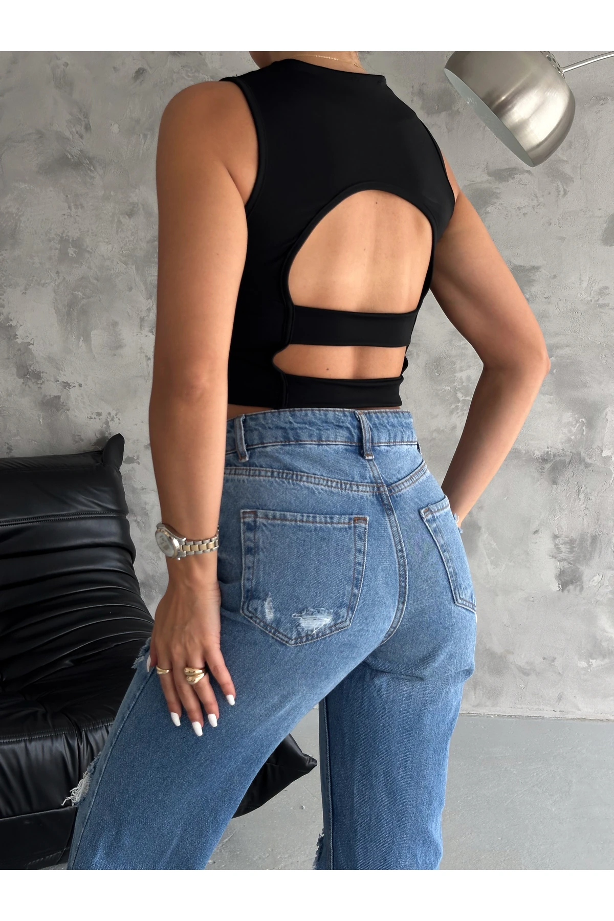 Kadın Sırtı Bantlı Dalgıç Kumaş Crop Bluz