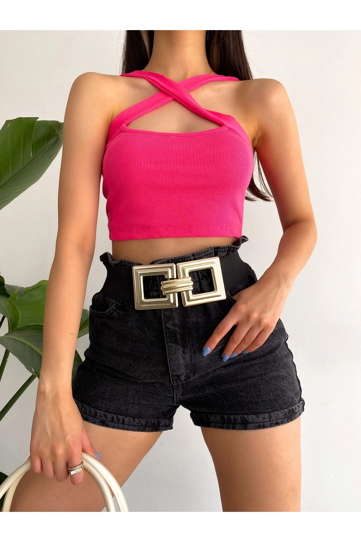 Kadın Çapraz Boyun Askılı Kaşkorse Crop Bluz - fuşya