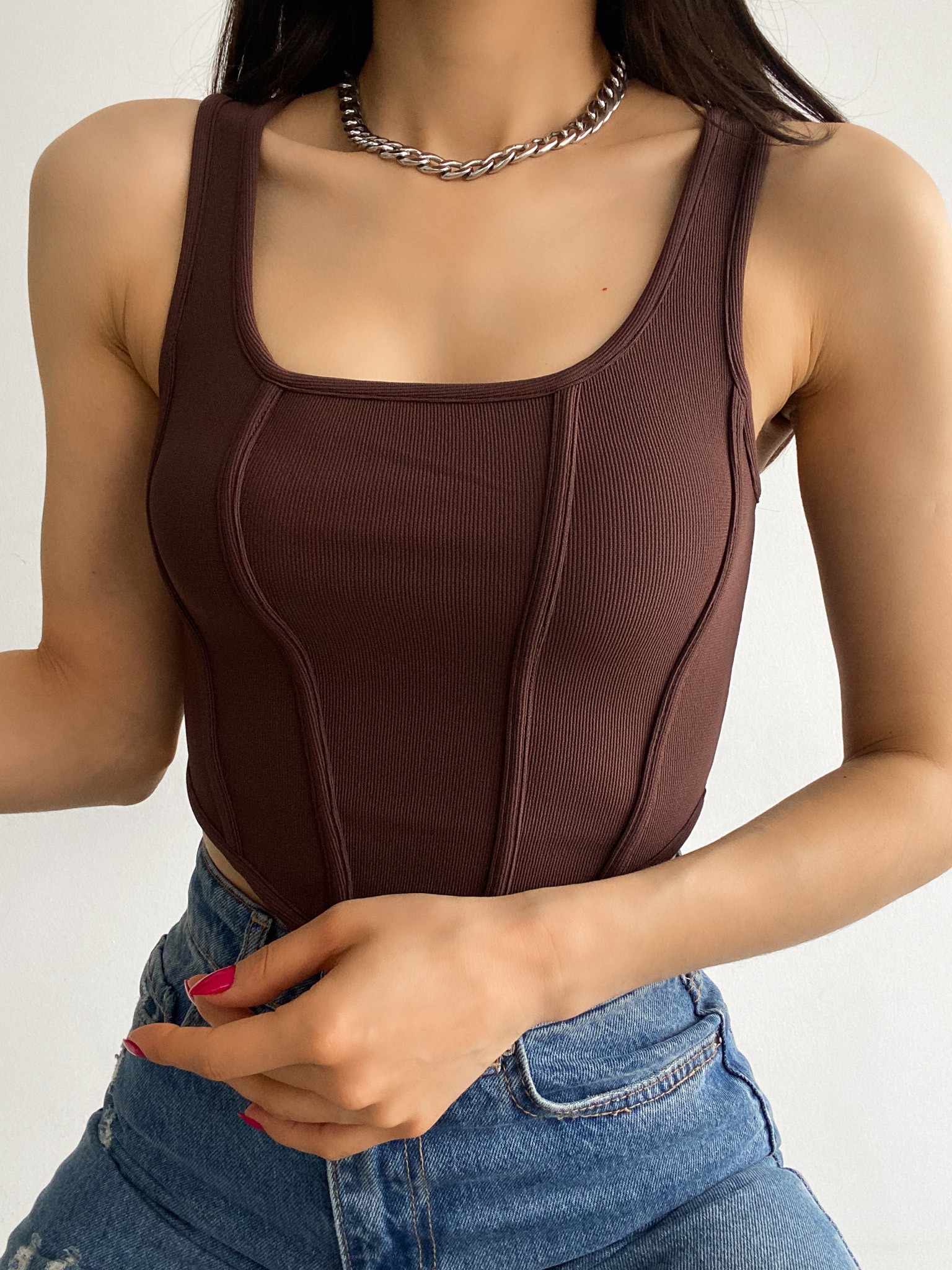 Kare Yaka Korse Görünümlü Crop Bluz