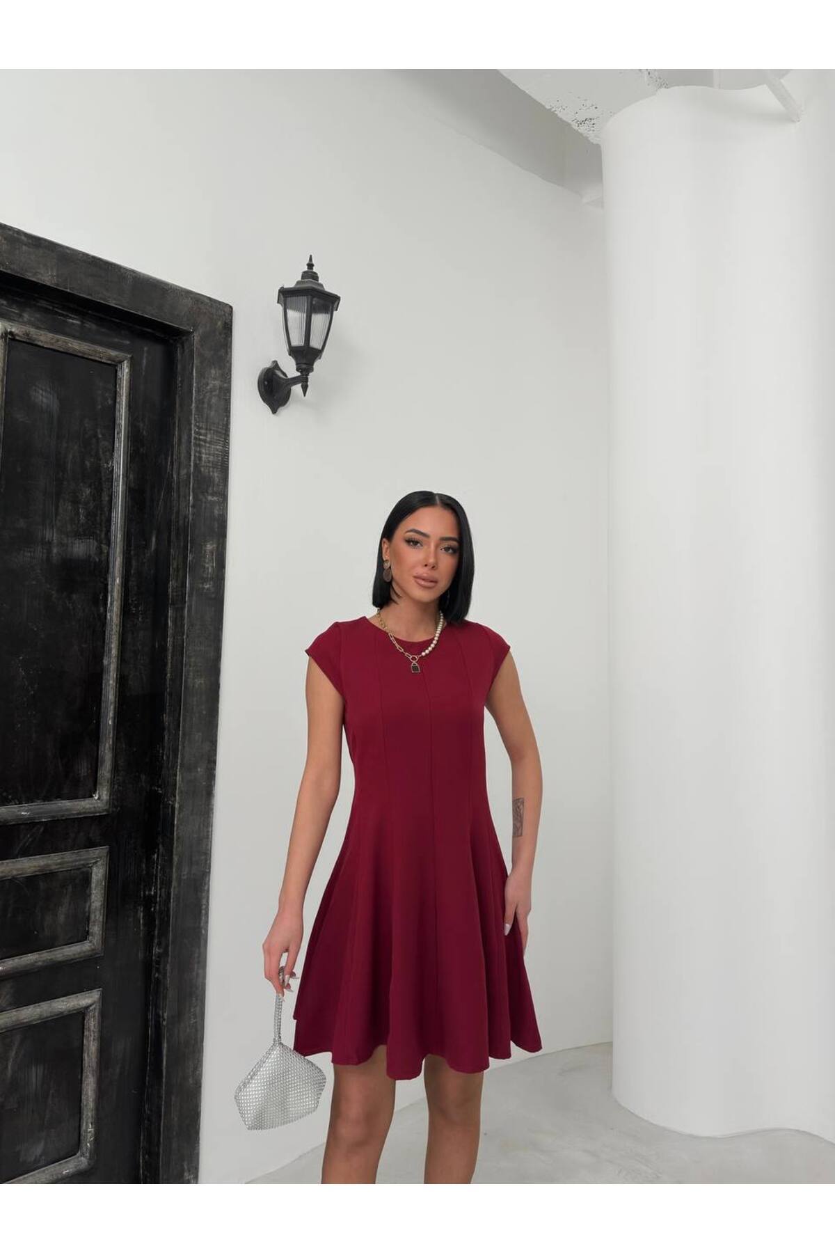 Kadın Bordo Parçalı Kloş Elbise