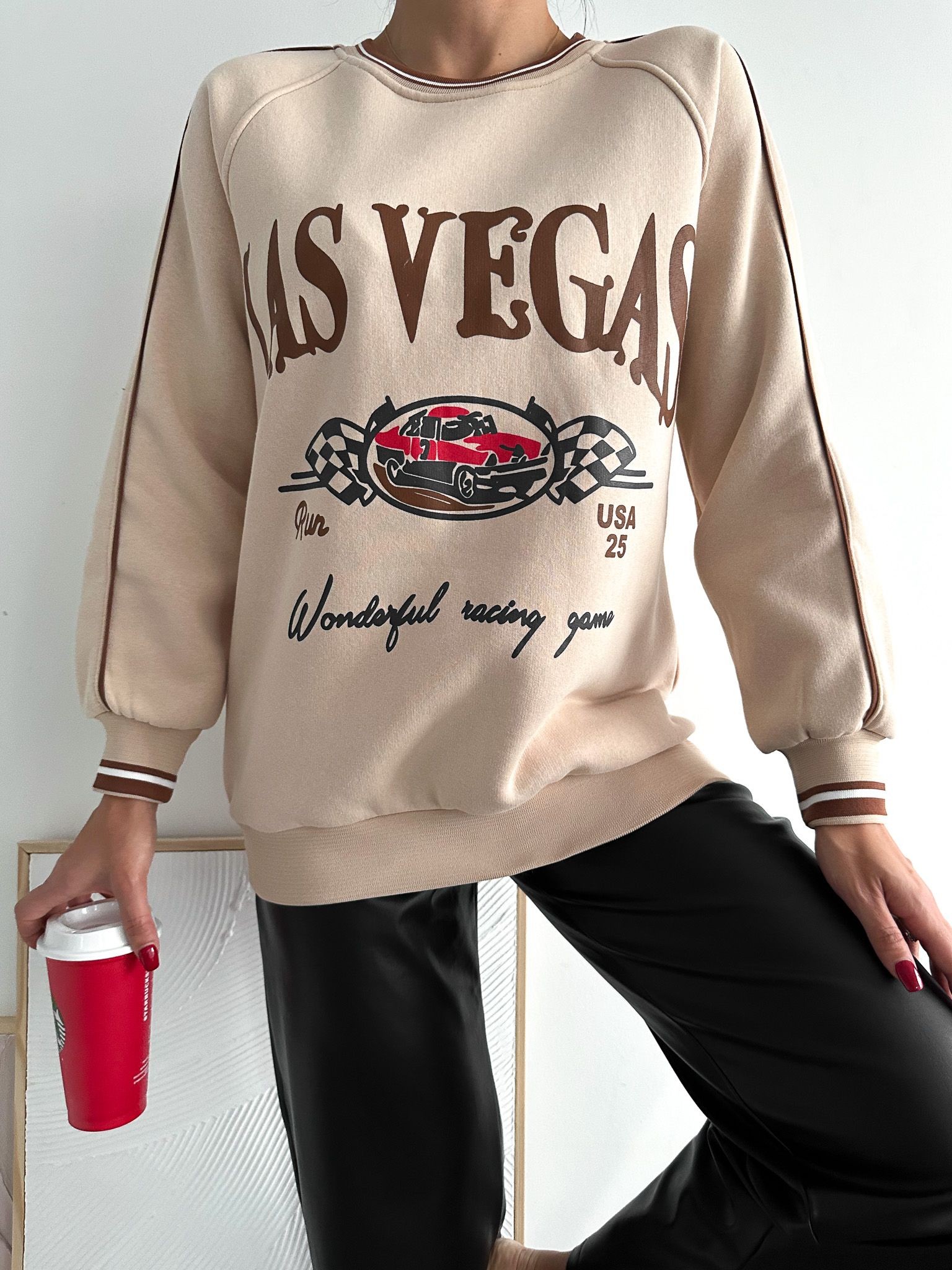 Las Vegas Üç İplik Şardonlu Oversize Sweatshirt