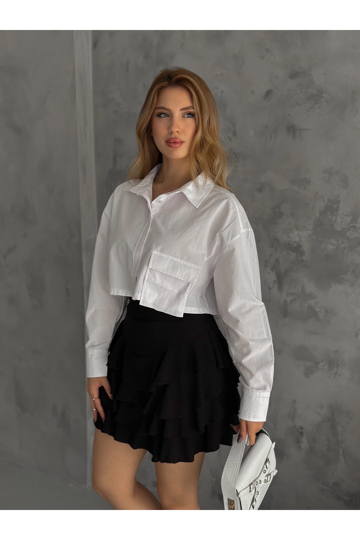 Kadın Uzun Kol Cepli Crop Gömlek
