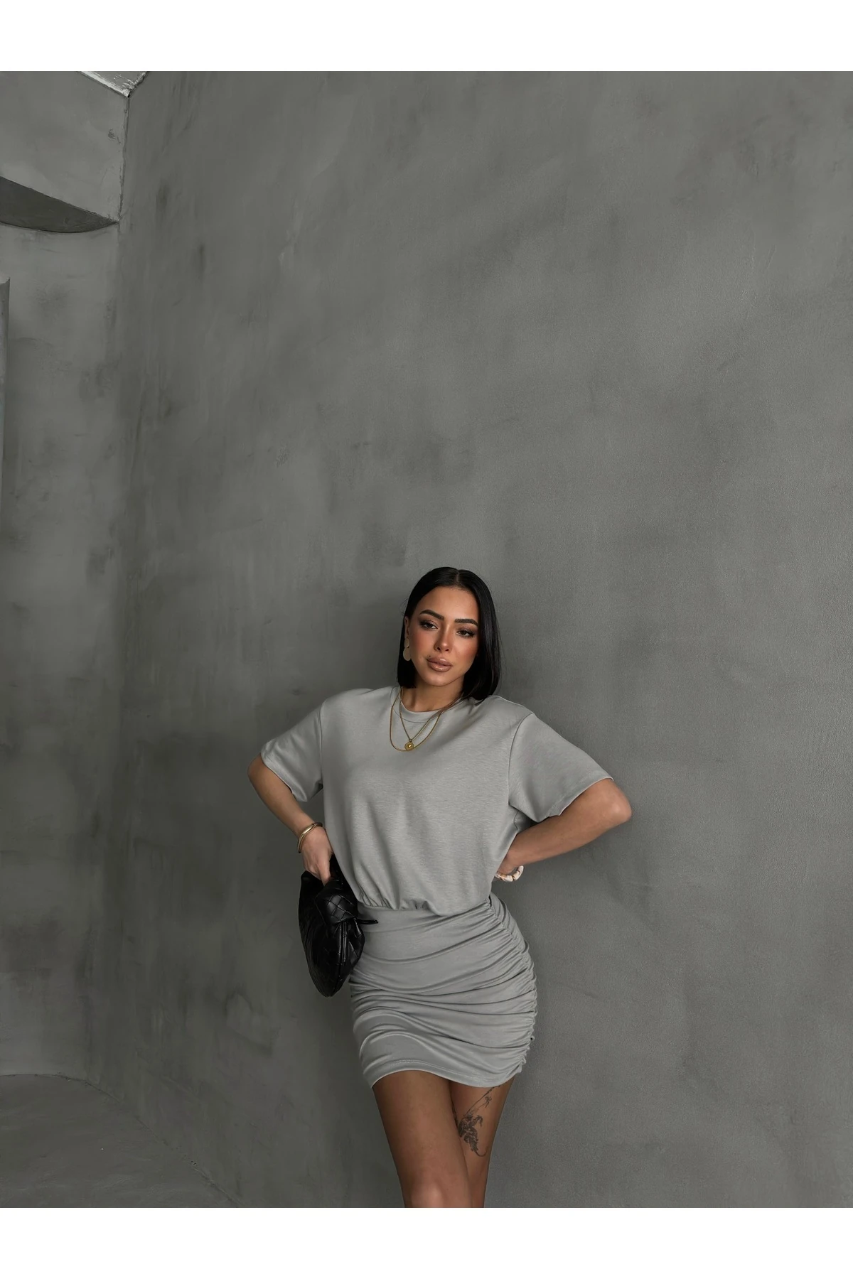 Kadın Büzgülü Bisiklet Yaka Kısa Kol Modal Kumaş Elbise