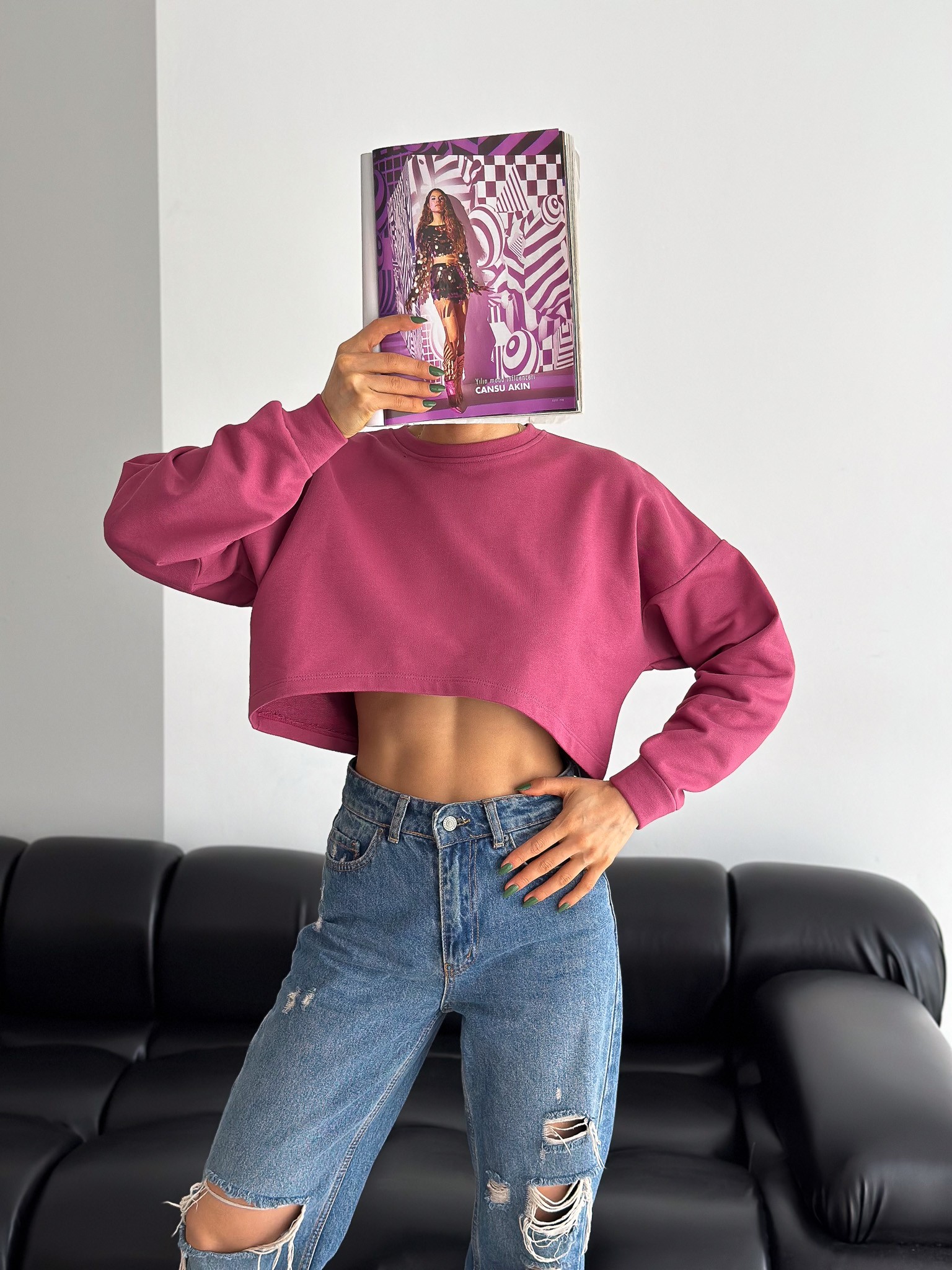 Bisiklet Yaka Basic Oversize Üç İplik Crop Sweatshirt