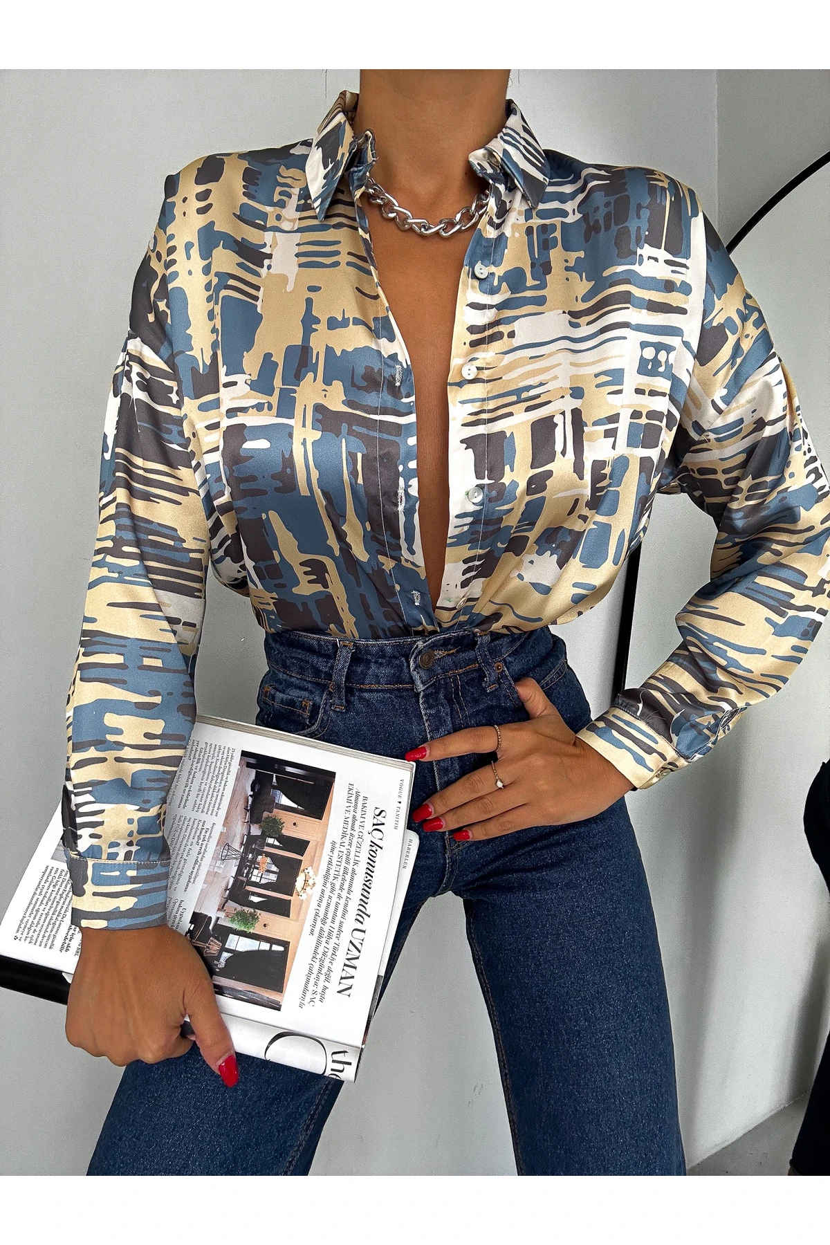 Kadın Uzun Kol Desenli Saten Gömlek - mavi