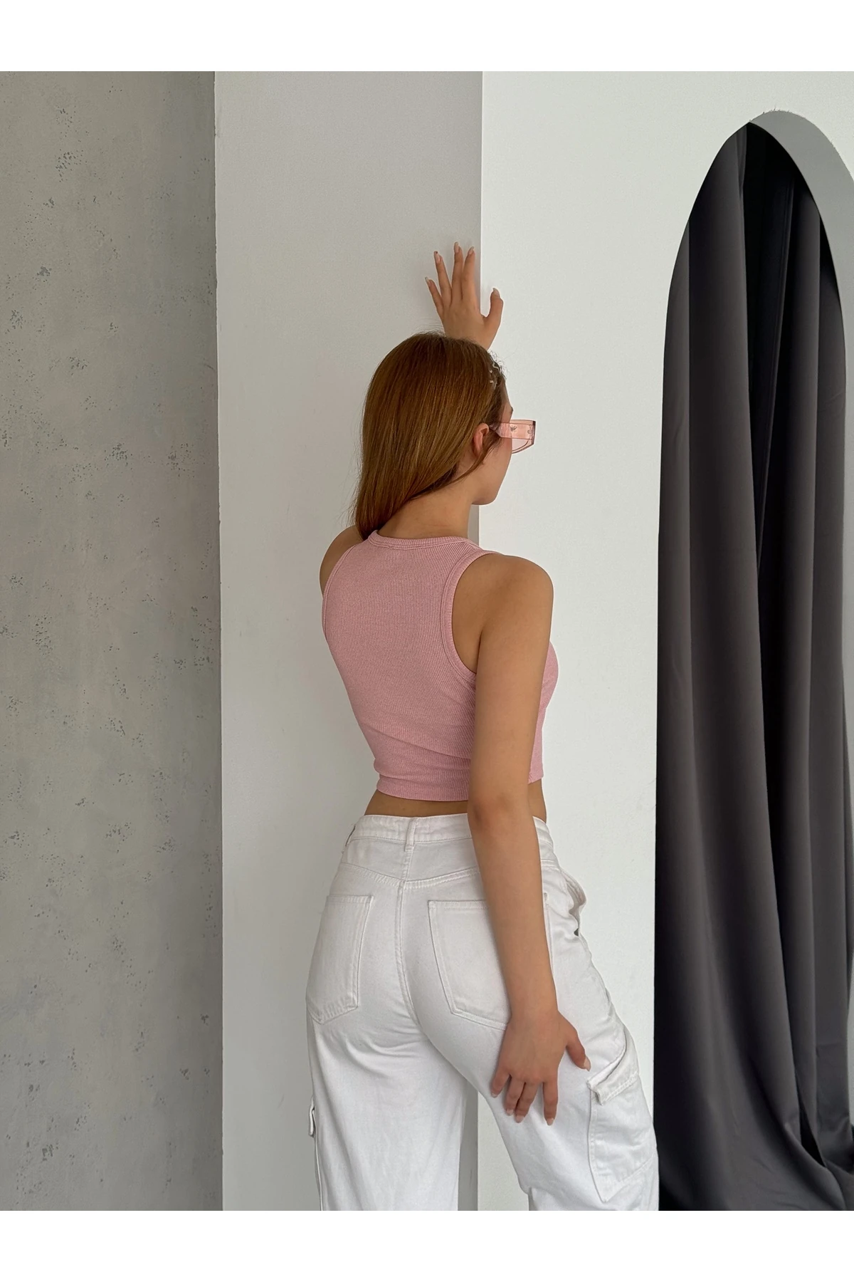 Kadın Sıfır Kol Halter Yaka Kaşkorse Crop Bluz