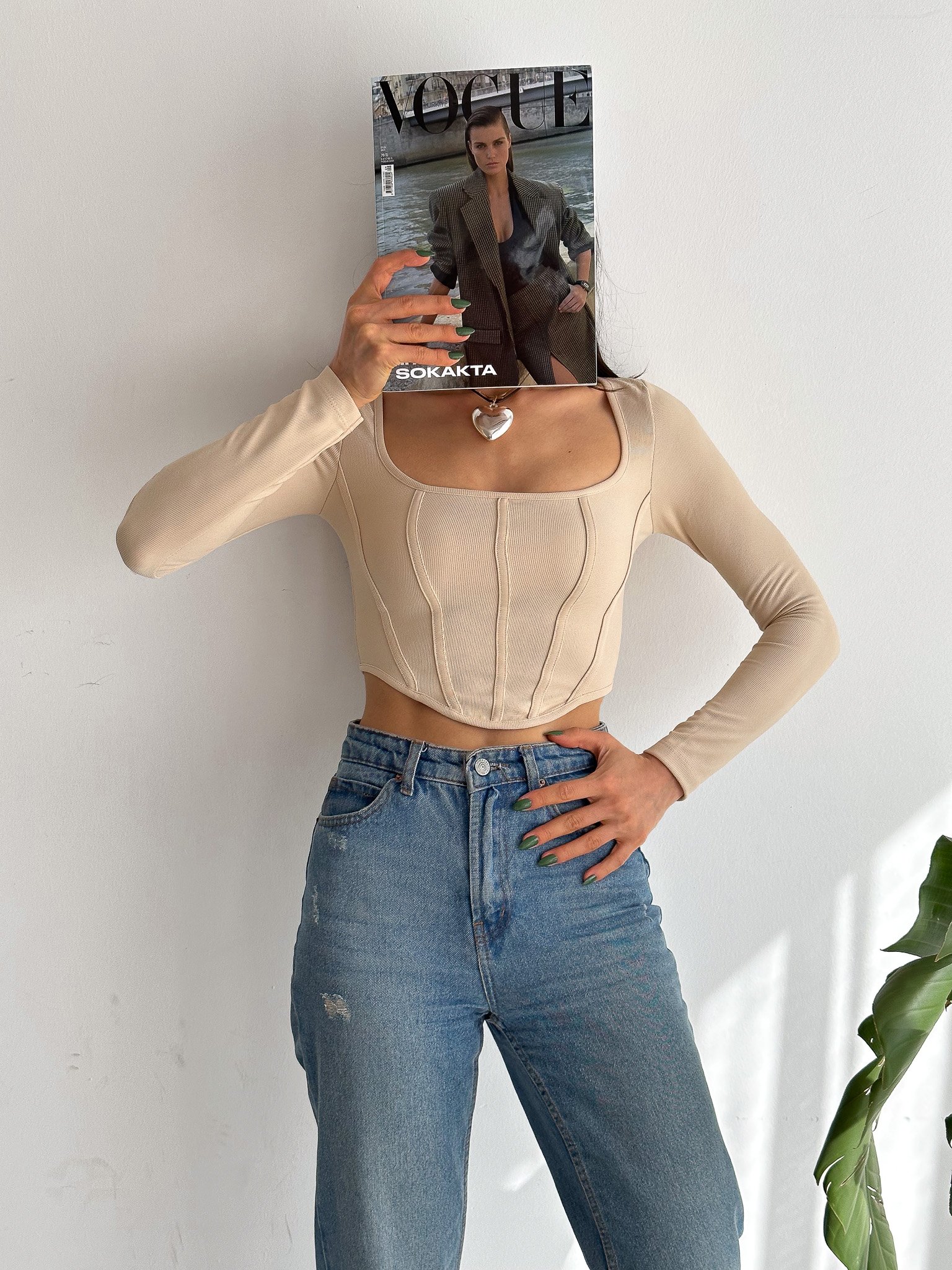 Kare Yaka Uzun Kol Korse Görünümlü Biyeli Fitilli Crop Bluz