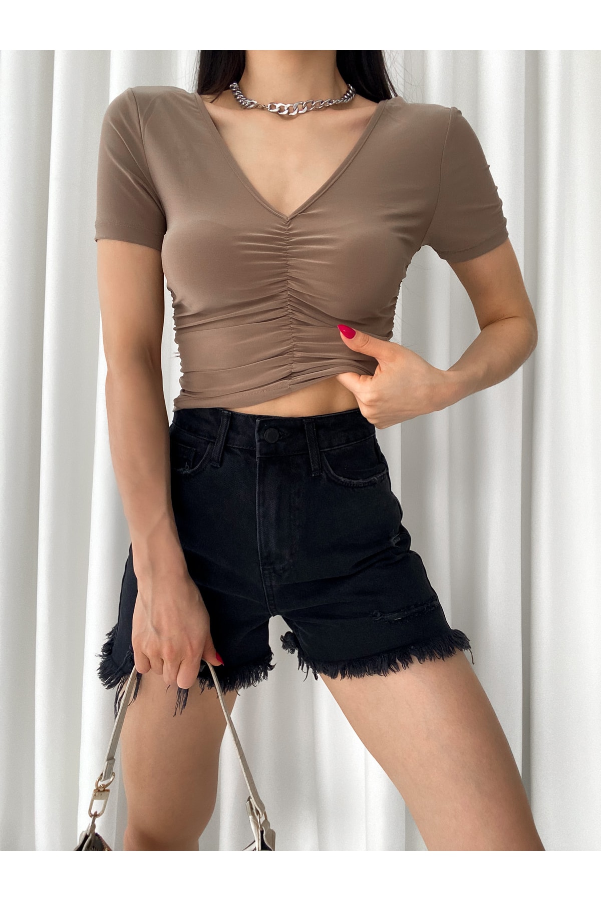 Kadın Zümrüt Yeşili Kısa Kollu V Yaka Sandy Kadın Crop Bluz
