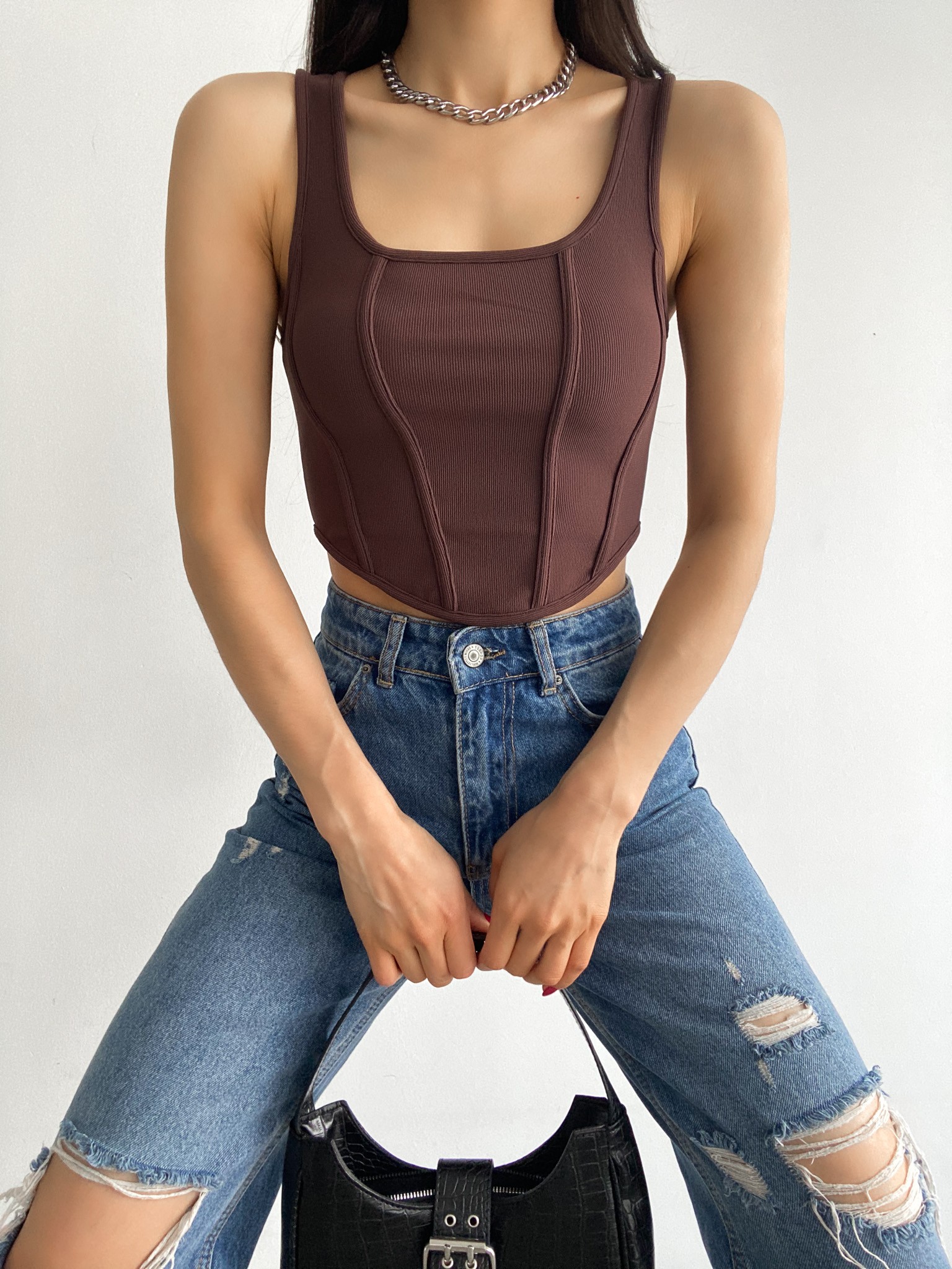 Kare Yaka Korse Görünümlü Crop Bluz