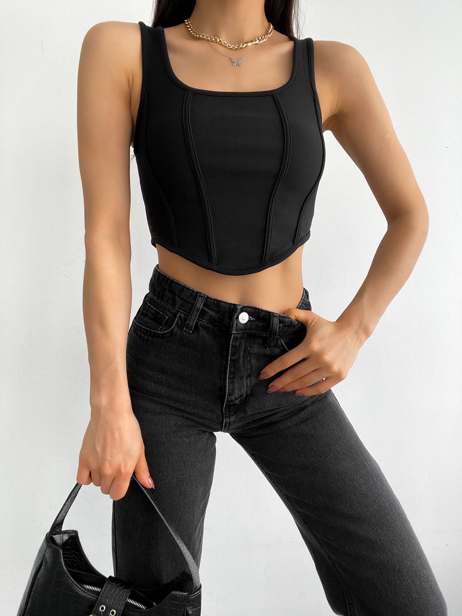 Kare Yaka Korse Görünümlü Crop Bluz