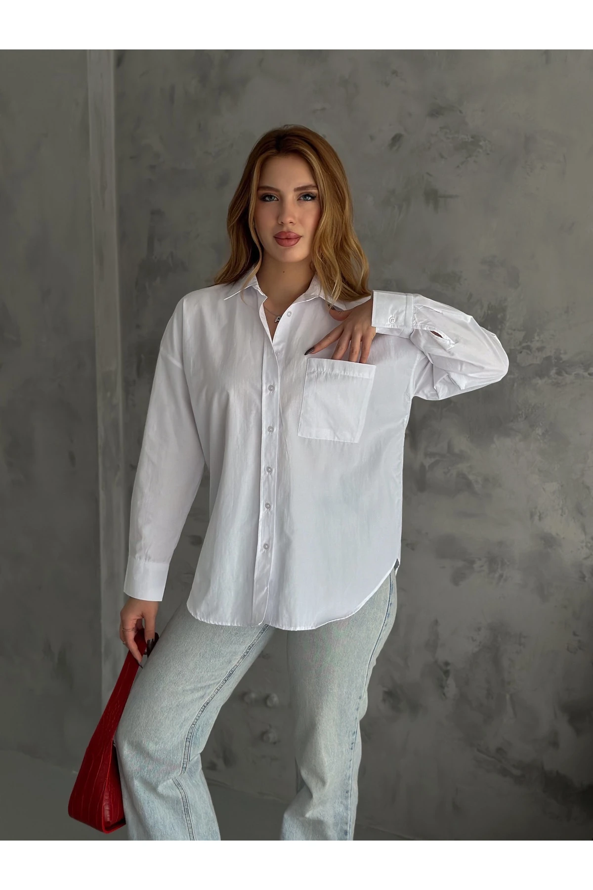Kadın Uzun Kol Cepli Poplin Gömlek