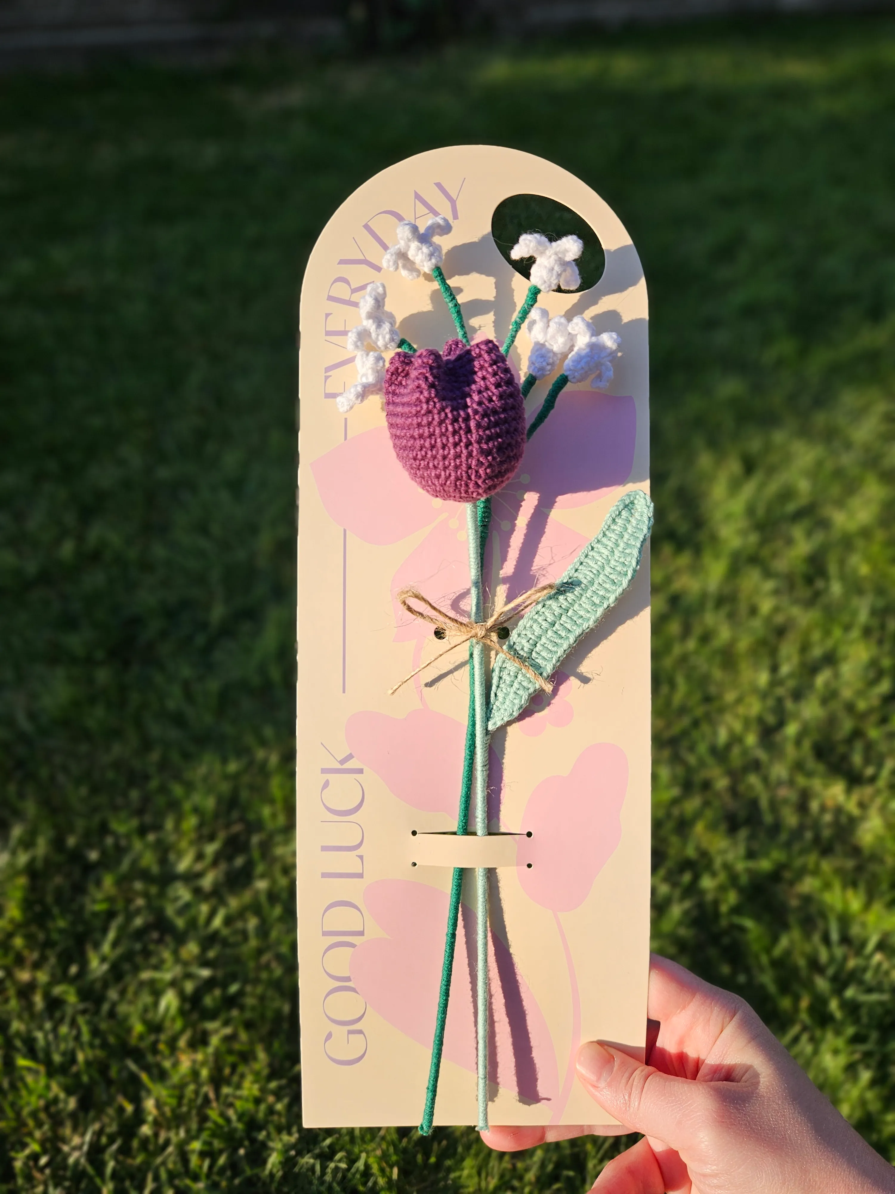 Örgü Çiçekli Kart - Mürdüm Lale