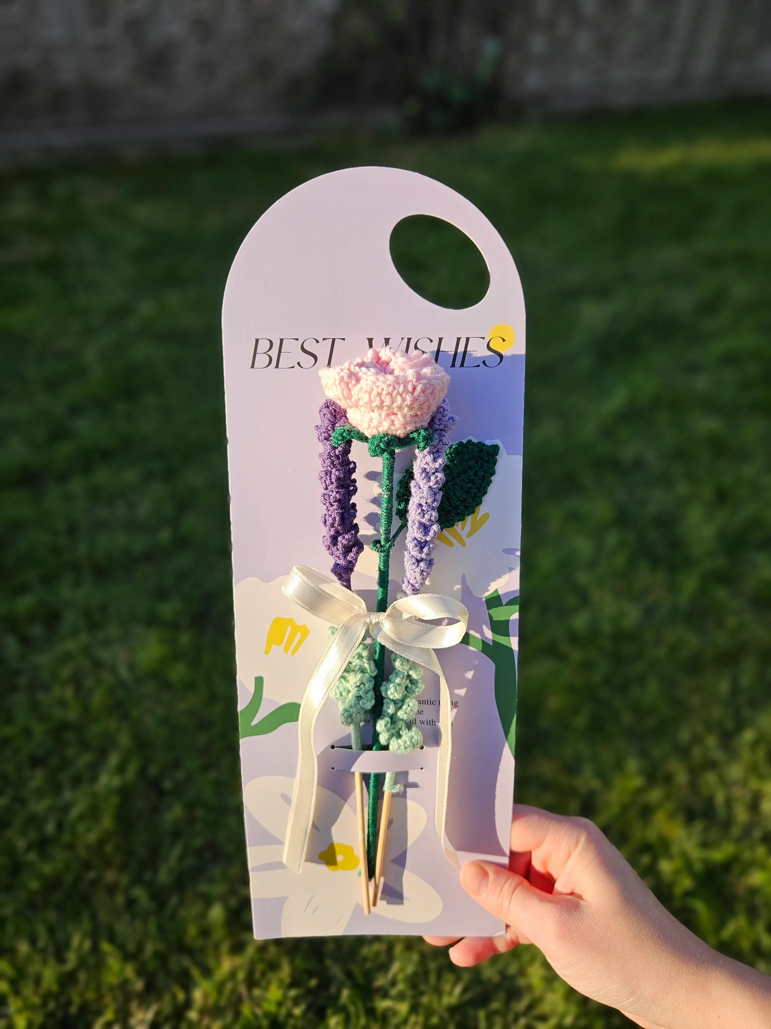 Örgü Çiçekli Kart / Gül - Lavanta