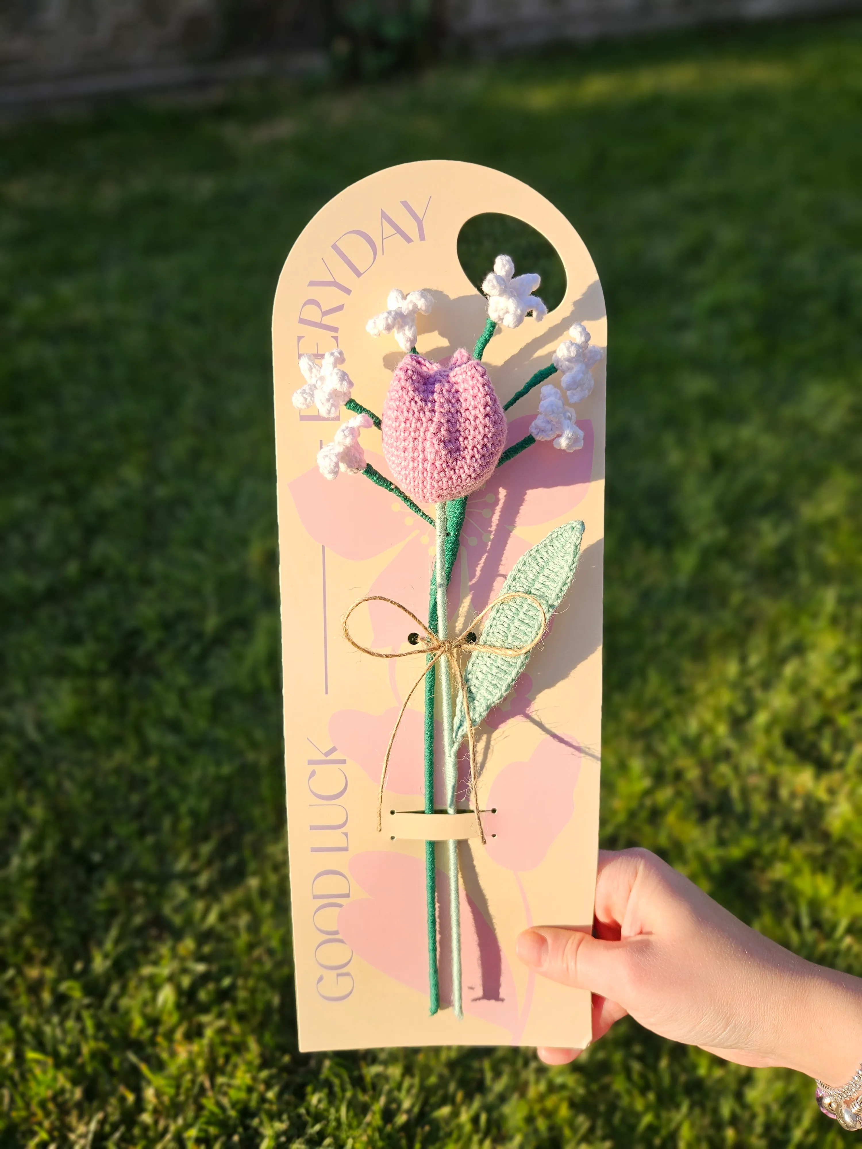 Örgü Çiçekli Kart - Pembe Lale