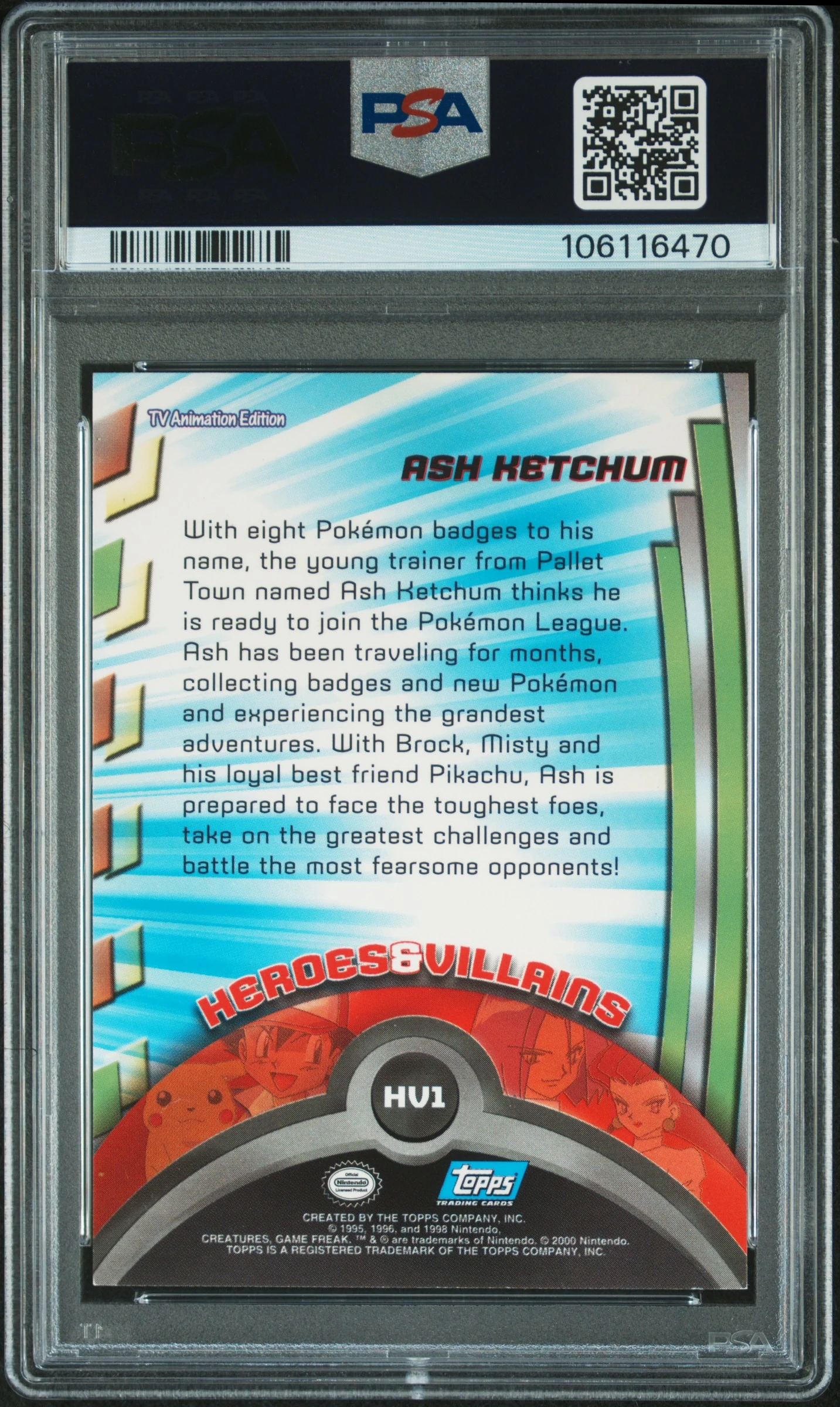 Ash Ketchum #HV1 & Veronica Taylor Signature - Topps Animation Series 2 - PSA 9 & AUTO 8