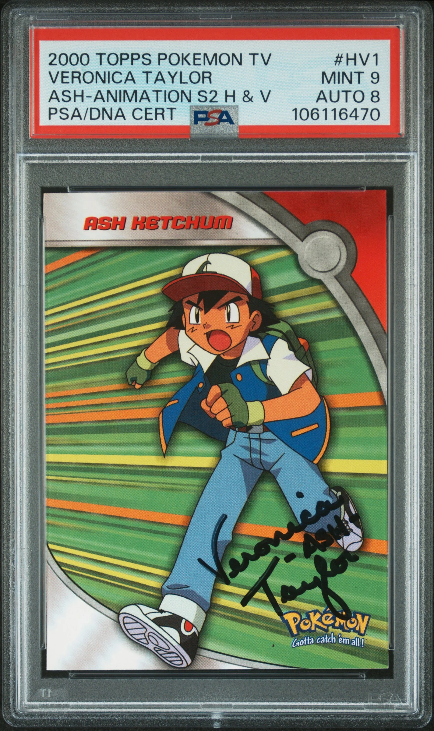 Ash Ketchum #HV1 & Veronica Taylor Signature - Topps Animation Series 2 - PSA 9 & AUTO 8