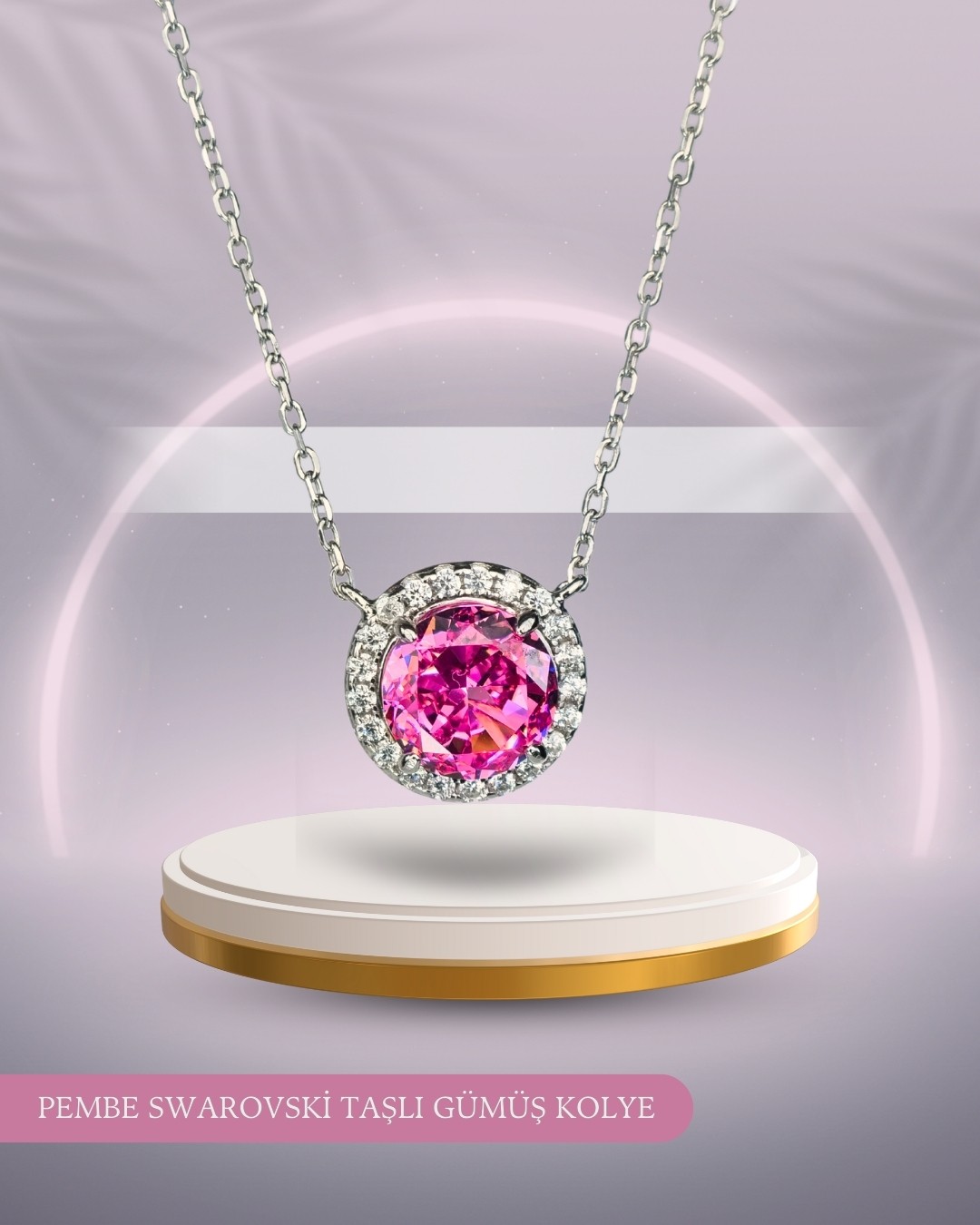 Pembe Swarovski Taşlı Gümüş Kolye
