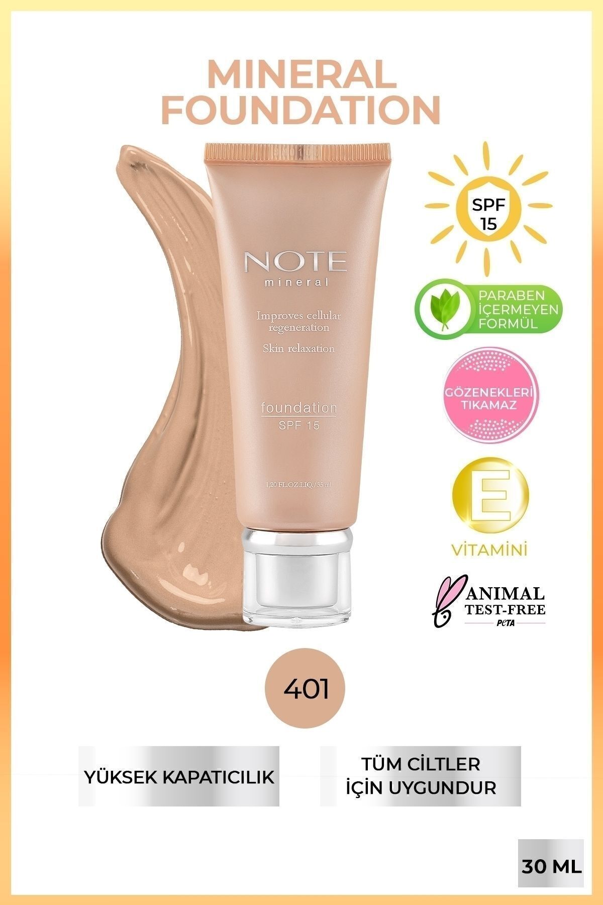 Mineral Foundation Spf 15 Yoğun Kapatıcı Saten Bitişli Fondöten - 401 Açık