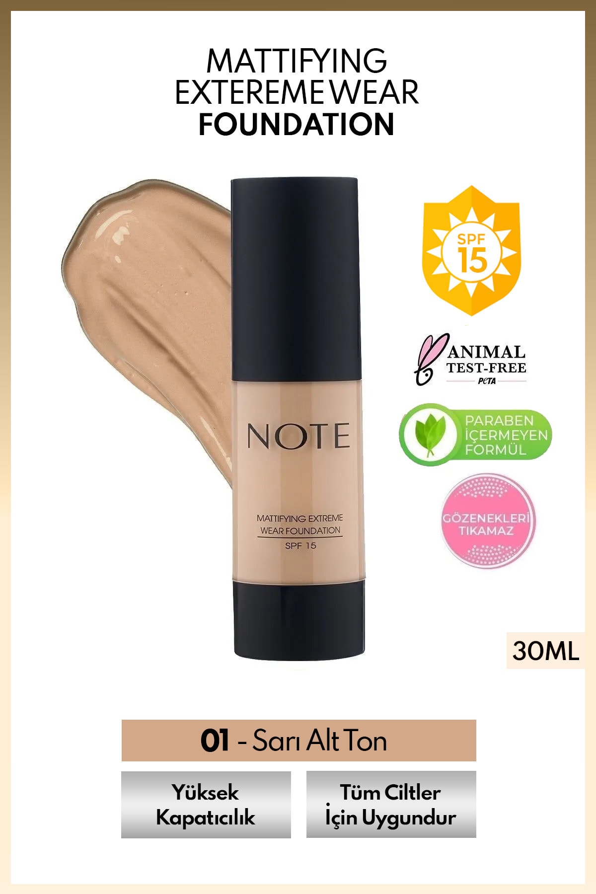 Mattifying Extreme Wear Spf 15 Yoğun Kapatıcı Mat Bitişli Fondöten - 01 Beige