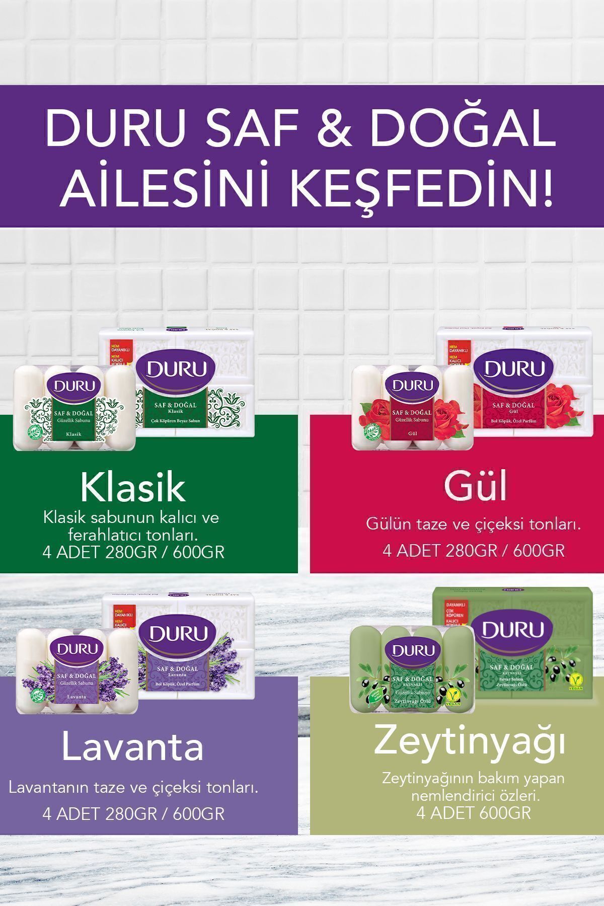 Saf Ve Doğal Kaynaklı Beyaz Sabun Klasik 4 X 150 G = 600 G