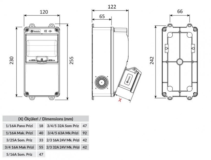 Bemis 5/32A 1 Ad. Ön + 1/16A 2 Ad. Yan Prizli Kombinasyon IP44 BD1-2134-2020