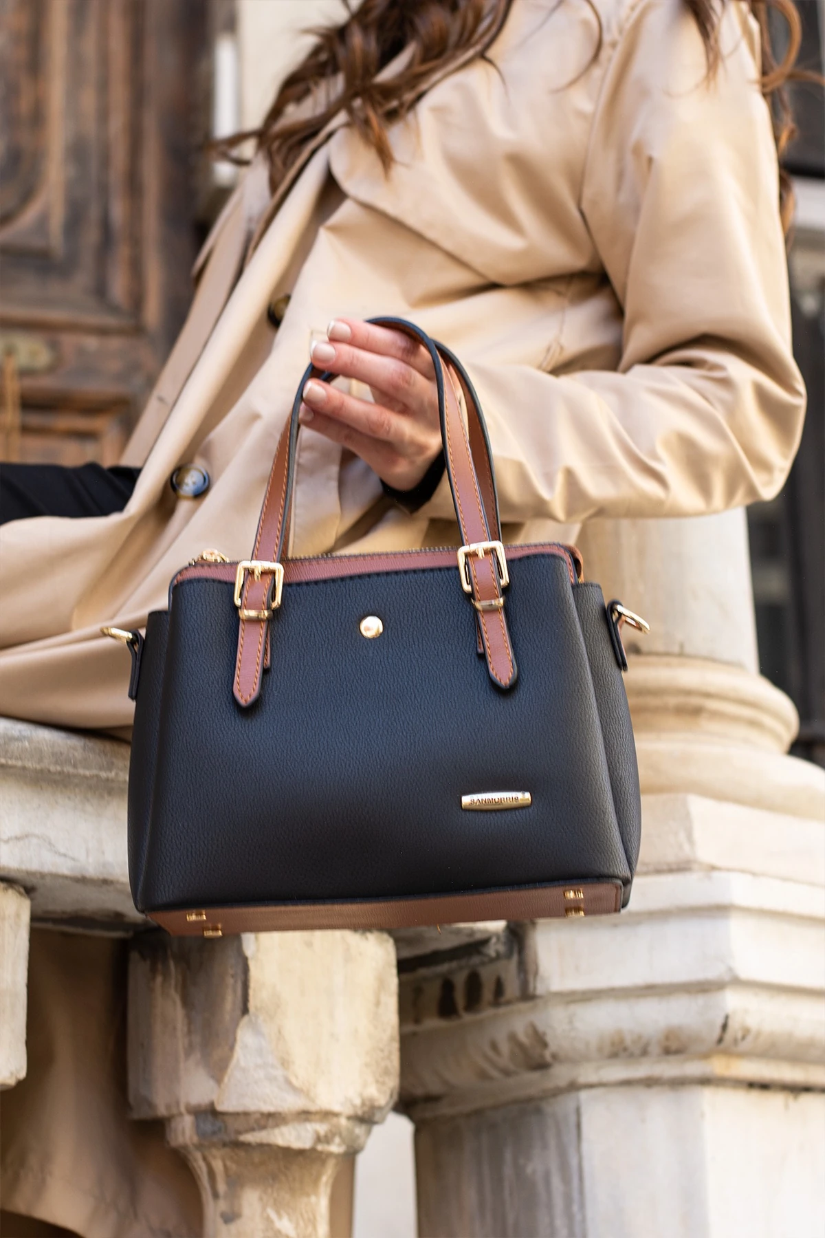 Sanmorris ~ Uzun Askılı El Çantası - Siyah Taba