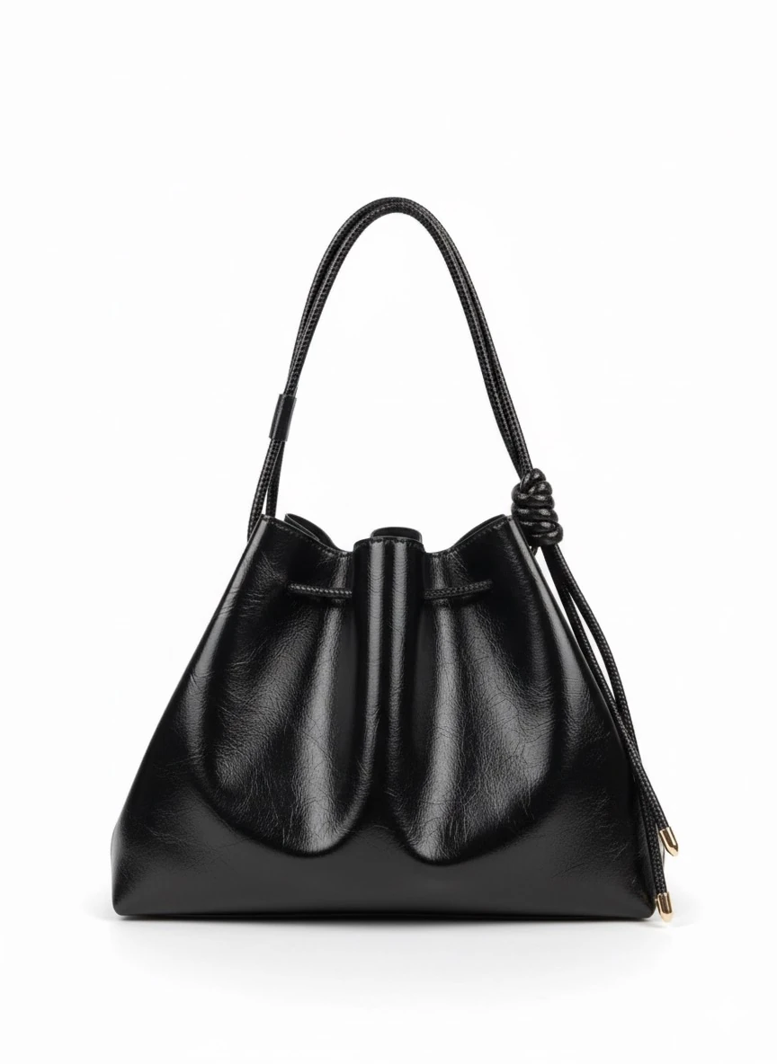 Deri ayarlanabilir uzun askılı torba çanta - Siyah