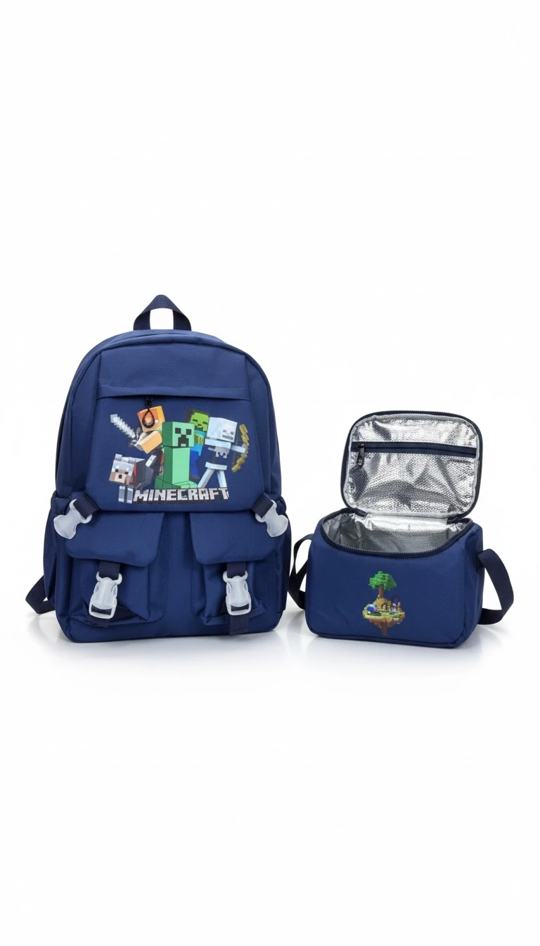 Minecraft  3’lü Okul çantası, Beslenme, Kalemlik, Çanta - Lacivert