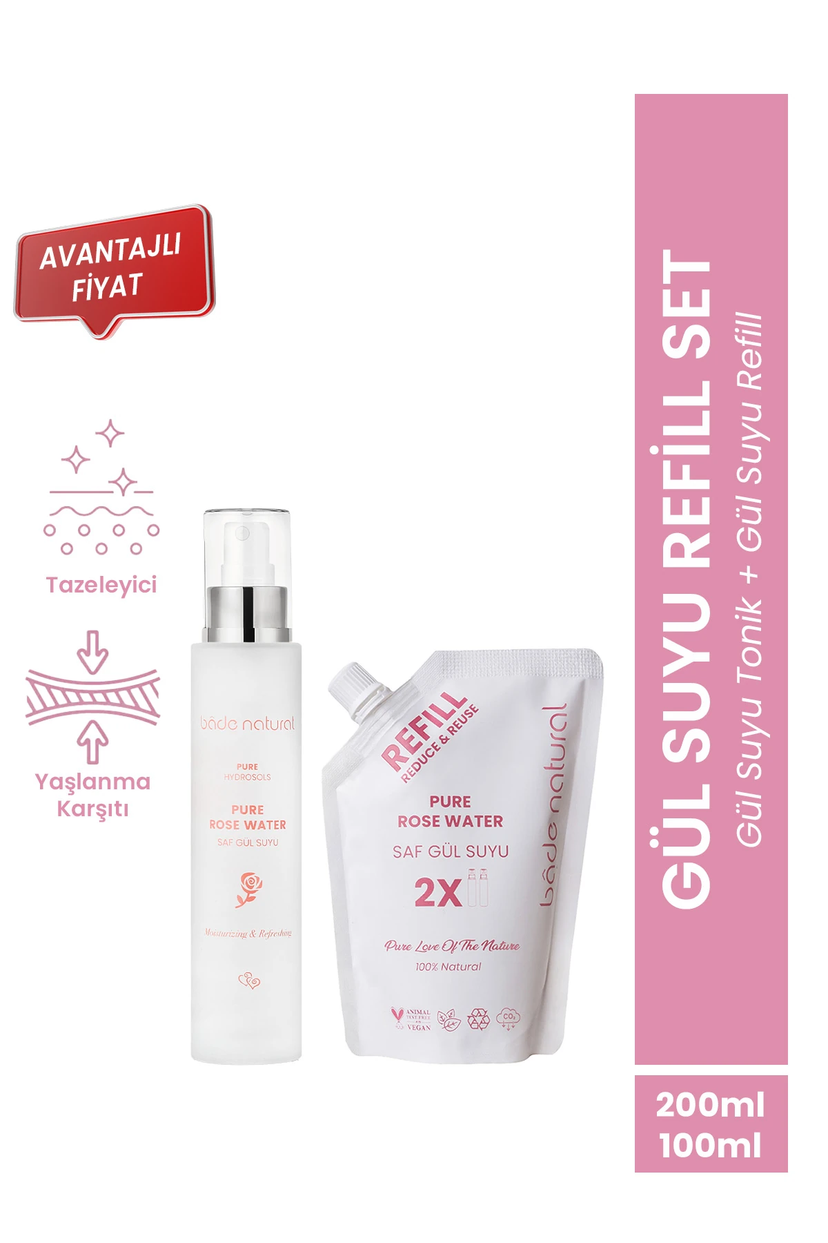Gül Suyu Gözenek Sıkılaştırıcı ve Aydınlatıcı Tonik & Refill Set %100 Doğal ve Saf