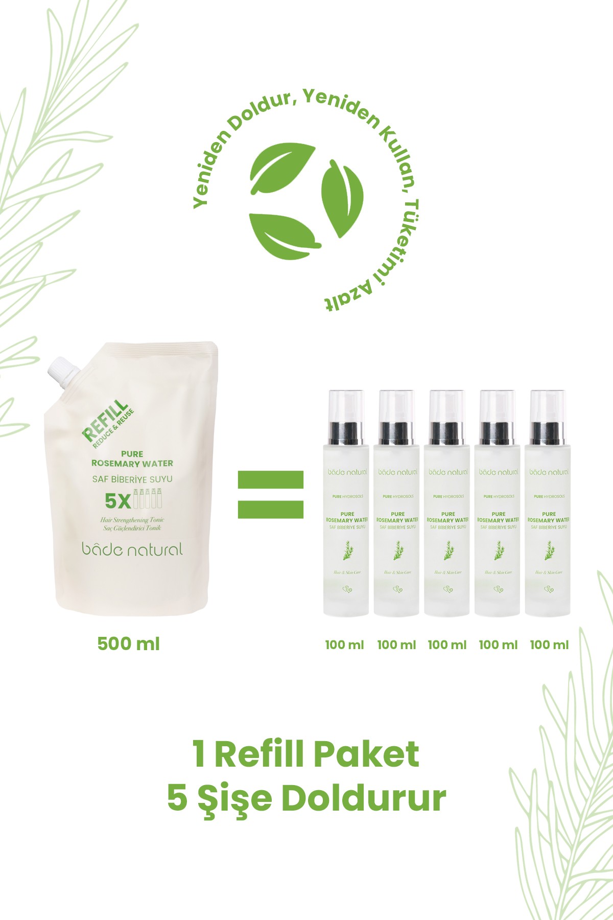 Biberiye Suyu Güçlendirici Saç Toniği Refill Paket 500 ml %100 Doğal ve Saf