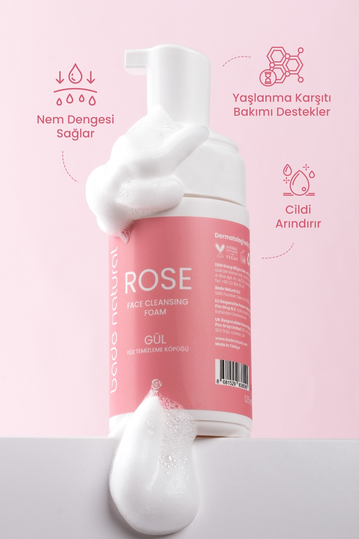 Gül Suyu Yüz Temizleme Köpüğü %100 Doğal ve Vegan 125 ml